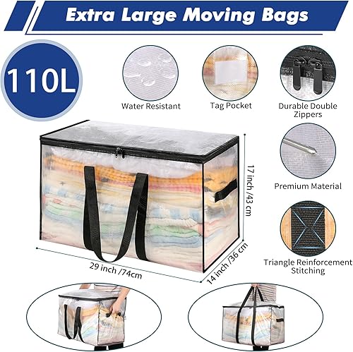 Miniatura 2 de Bolsas de mudanza transparentes resistentes  Paquete de 8 bolsas de almacenamiento de 110L con asas fuertes, cremallera, impermeables,