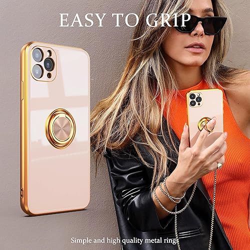 Miniatura 4 de IDweel Funda para iPhone 12 Pro Max con soporte de anillo de 360, soporte magnético, ligera, delgada, borde de oro rosa, TPU suave, protección de