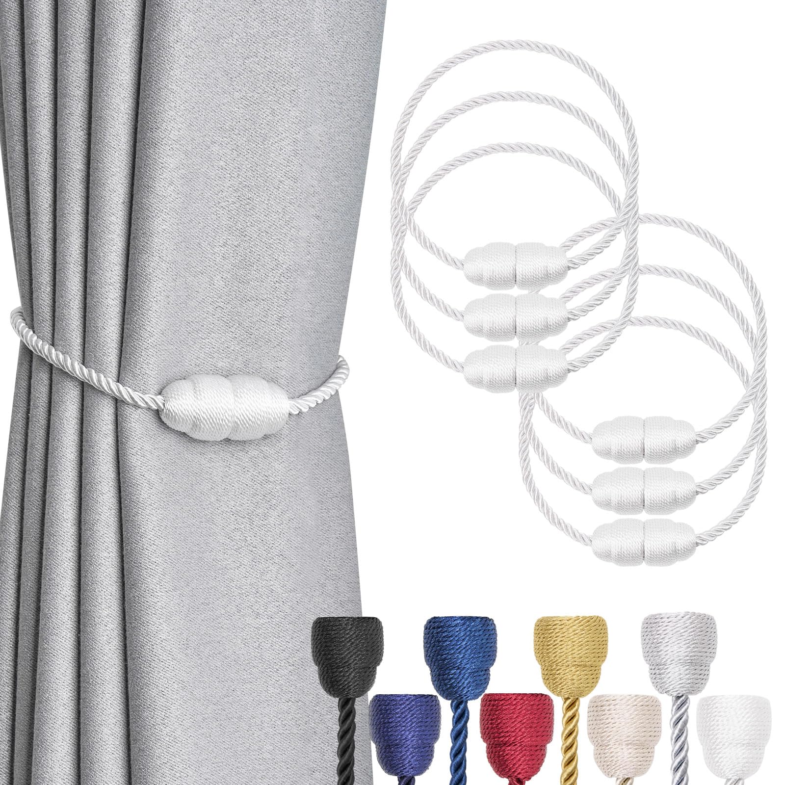 NICEEC 6 Pack Strong Magnetic Curtain Tiebacks Handmade Weave Side Rope Curtain Holdbacks Unique & Elegant Decorative Curtain Drape Tie Backs for Home & Office & Outdoor Window Drapery (White)