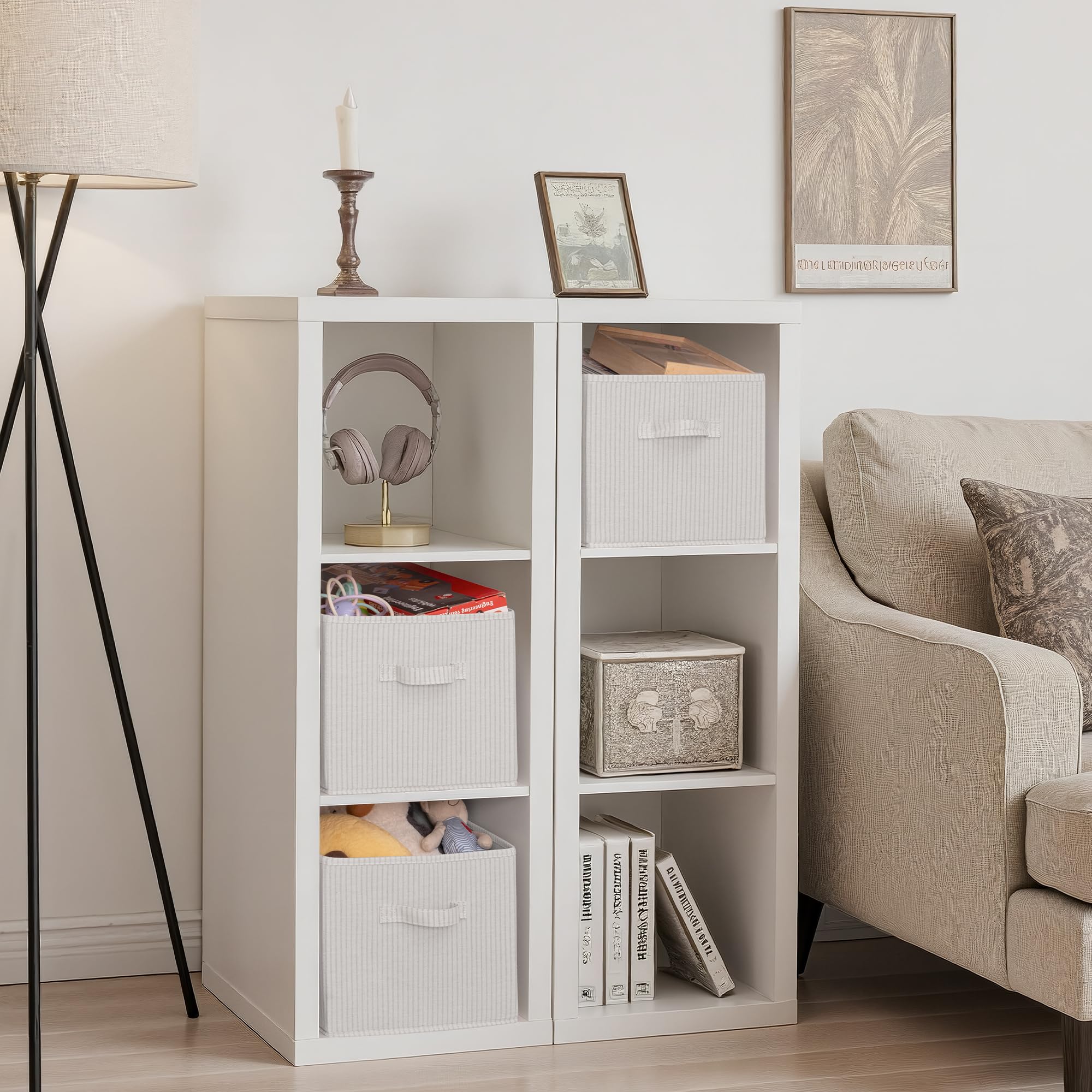 StorageWorks Kisten groß mit Griffen, Stoff Aufbewahrungskorb für Regale, Aufbewahrungsbox Badezimmer, faltbarer Kleiderschrank Organizer, Ordnungsboxen für Wäscheschrank, beige gestreift, 3 Stück