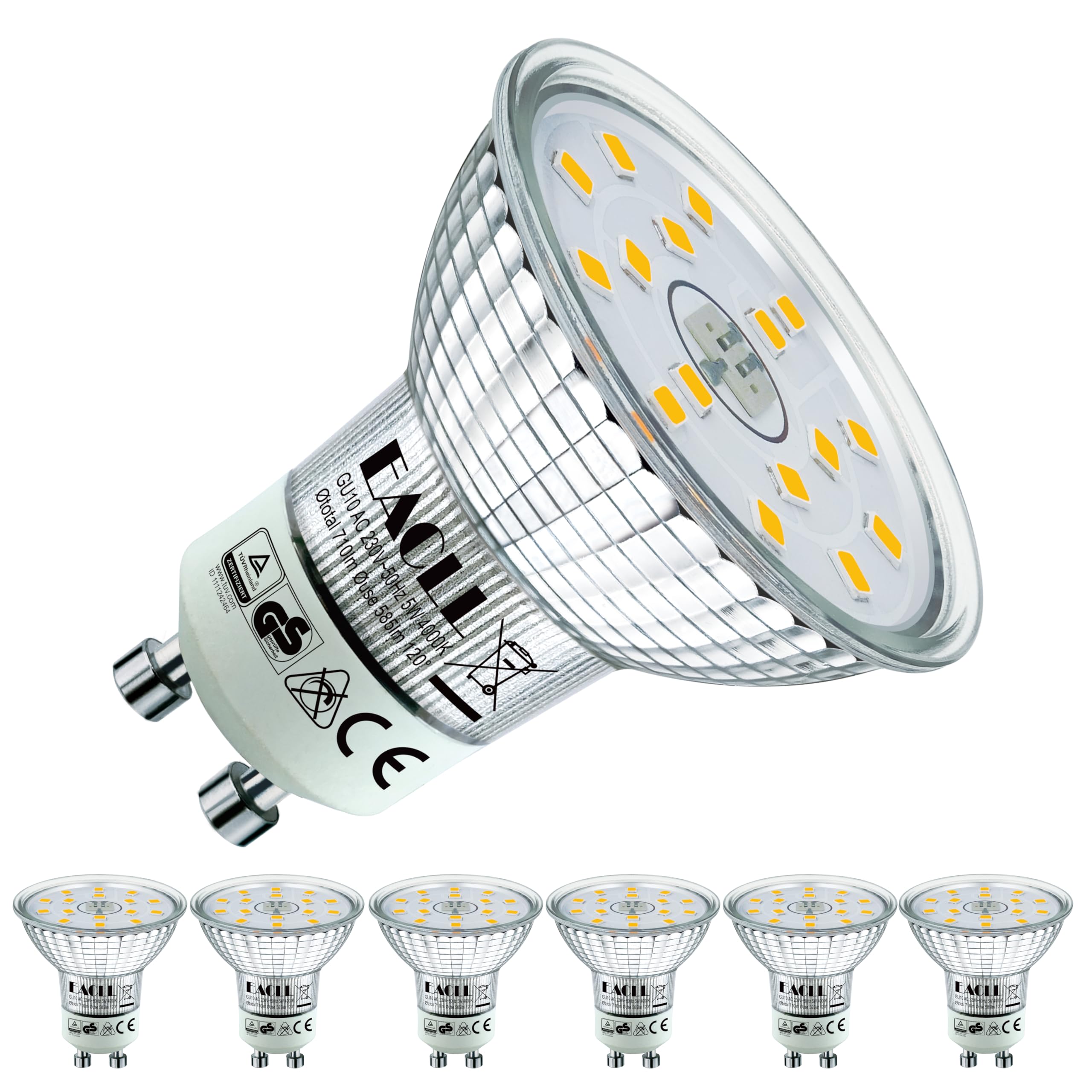 EACLL GU10 LED 4000K 5W Ersetzt 75W Halogen Leuchtmittel, 6er-Pack. Neutralweiss 585 Lumen Birnen, AC 230V Flimmerfrei Strahler, Abstrahlwinkel 120° Spot, Nicht Dimmbar Ø50xH53mm Reflektorlampen