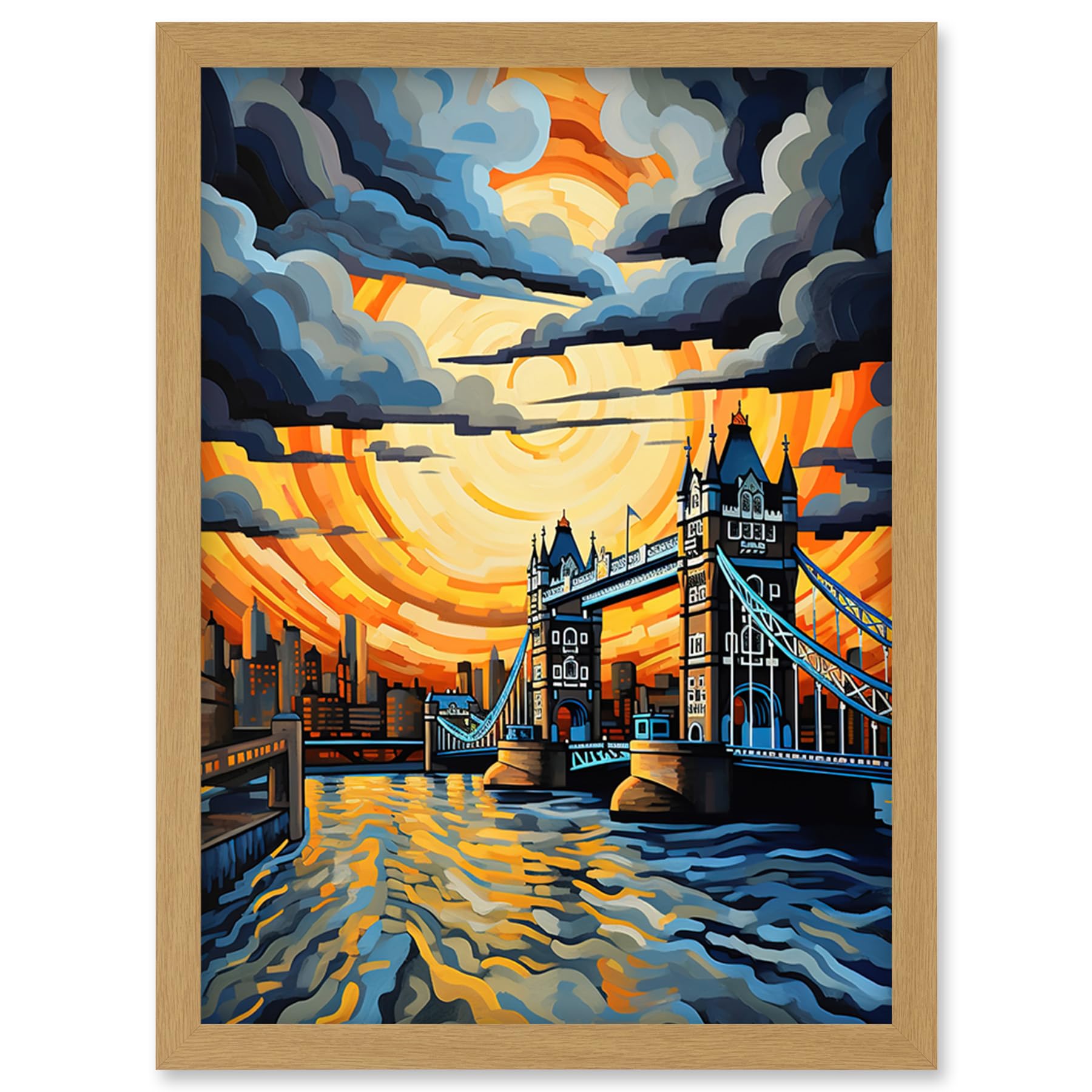 Artery8 London Tower Bridge Dramatic Sunset Vibrant Artwork Blue Orange River Thames England Cloudy Sky Artwork Framed Wall Art Print A4