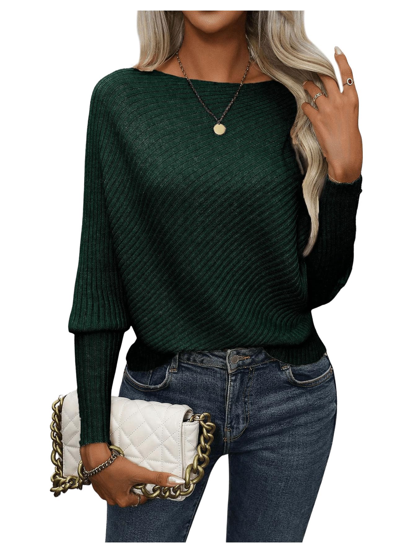SOLY HUX Sweaters for Women Boat Neck Long Sleeve Casual Solid Pullover Tops