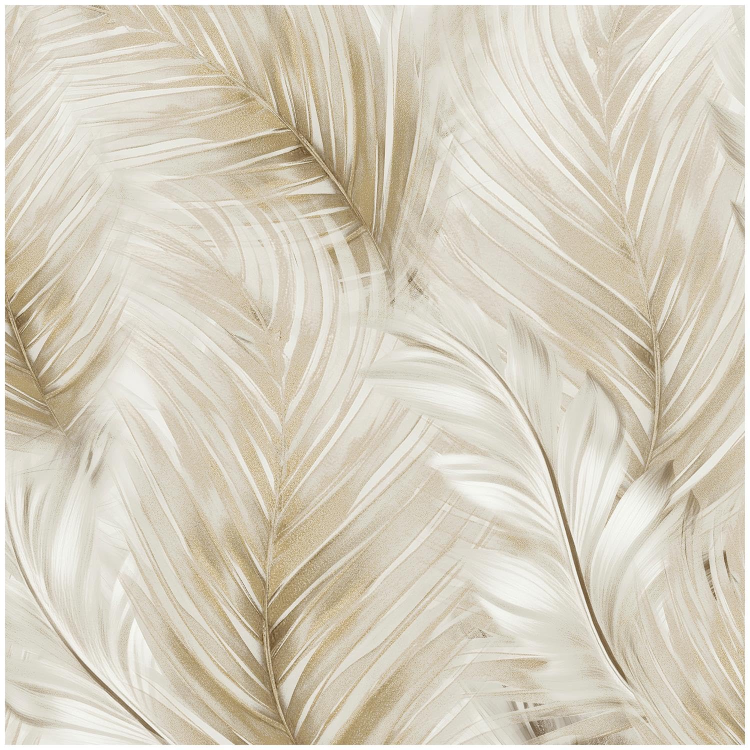 YöL Gold Cream Feather Leaf Metallic Wallpaper Roll, Tropical Palm Botanical Wall Covering, Soft Neutral Luxury Design for Bedroom Living Room Feature Wall