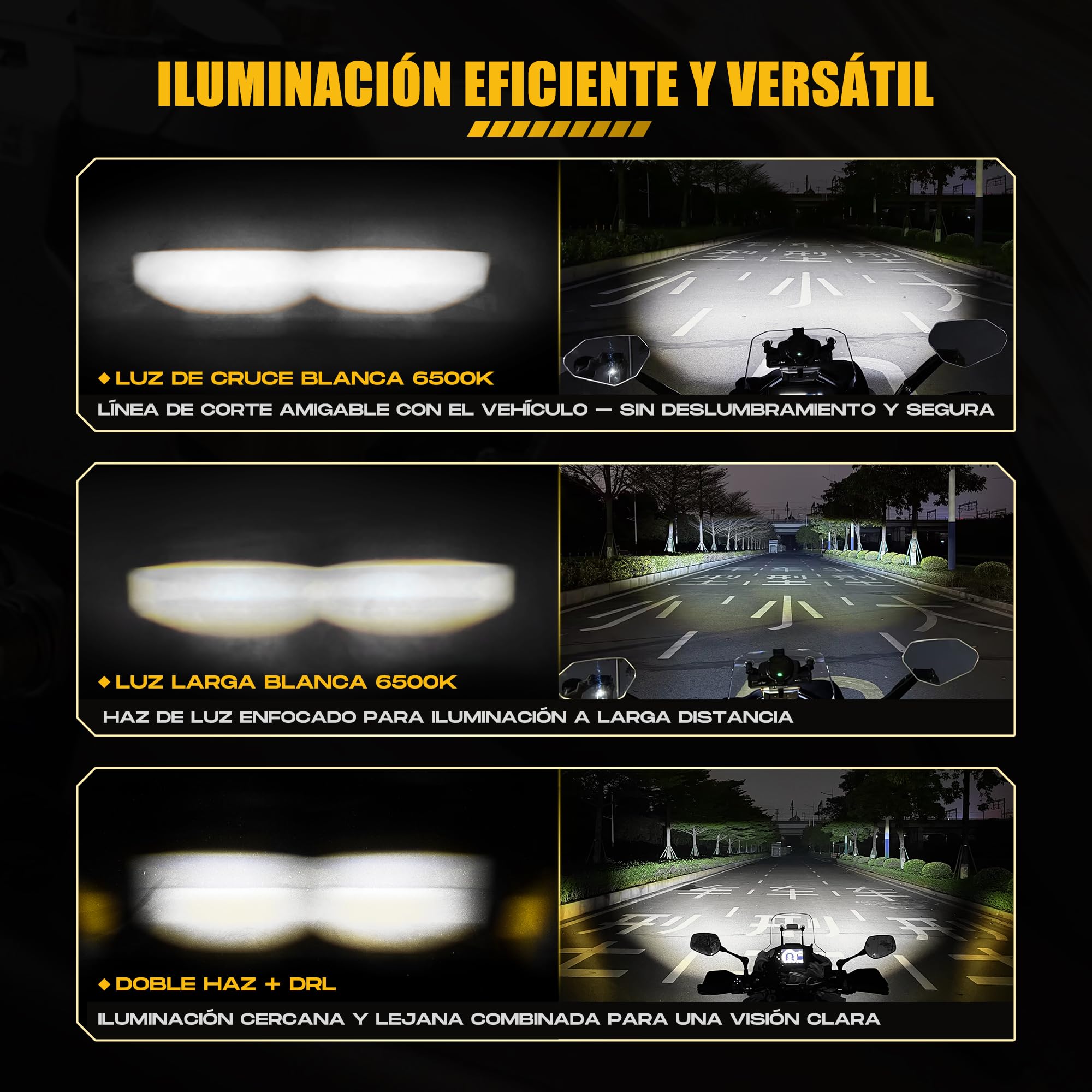 Future Eyes Faros Antiniebla para Moto LED, Luces Auxiliares Ajustables 360°, Impermeable IP67, Luces Todoterreno para Conducción Nocturna, Luz Larga y Corta Ámbar/Blanco, Compatible con ATV y UTV