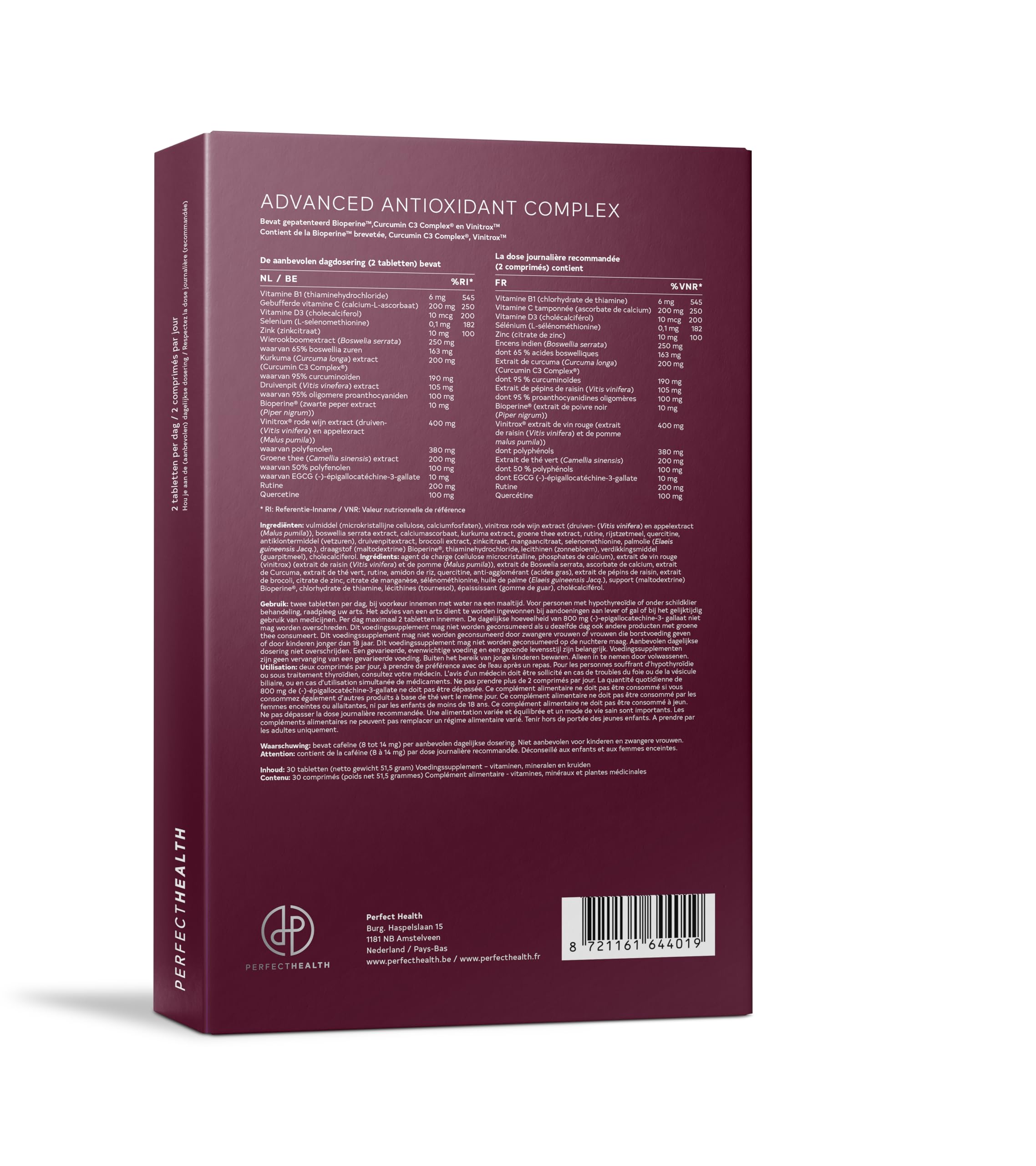 Perfect Health - Premium Antioxidantien Komplex Hochdosiert - Mit Curcumin C3 Complex®, Vinitrox™ & Bioperine® - 30 Tabletten - Für Zellen, Herz, Haut & Immunsystem - Mit Polyphenolen & Vitaminen