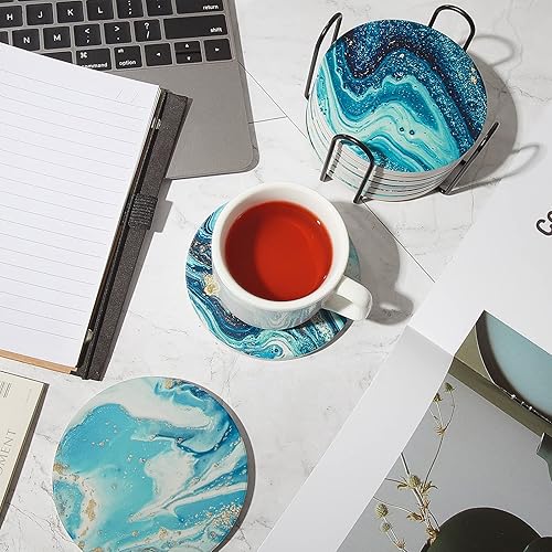 Miniatura 5 de 8 posavasos para bebidas con soporte, diseño de mármol océano, cerámica, absorbente, estilo océano, absorbente, con base de corcho para decoración