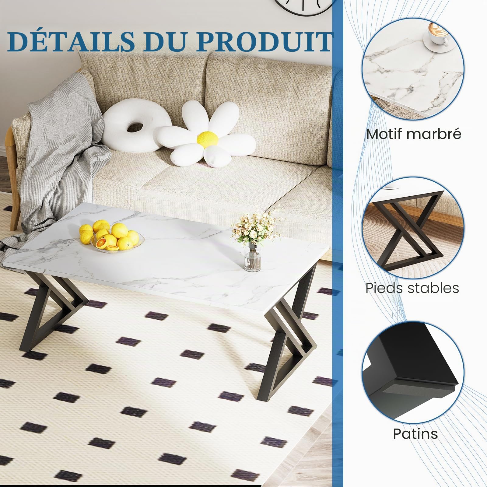 Table basse, table de salon, table basse en bois, table d'appoint pour salon, montage facile, baleines, espace de rangement ouvert, 100 x 48 x 55 cm, marbre blanc et noir