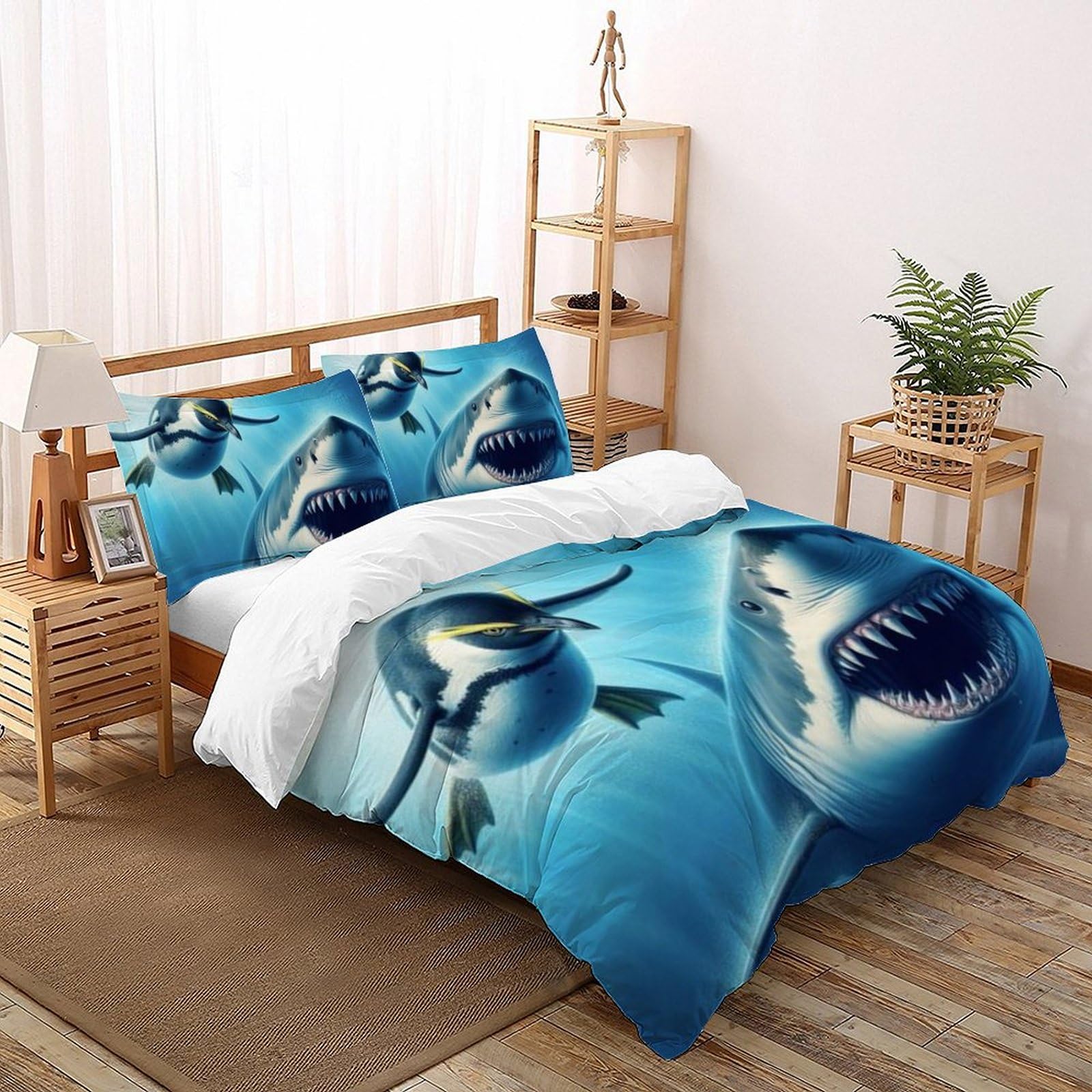 Housse de couette requin 260x220 cm avec 2 taies d'oreiller pour lit super king