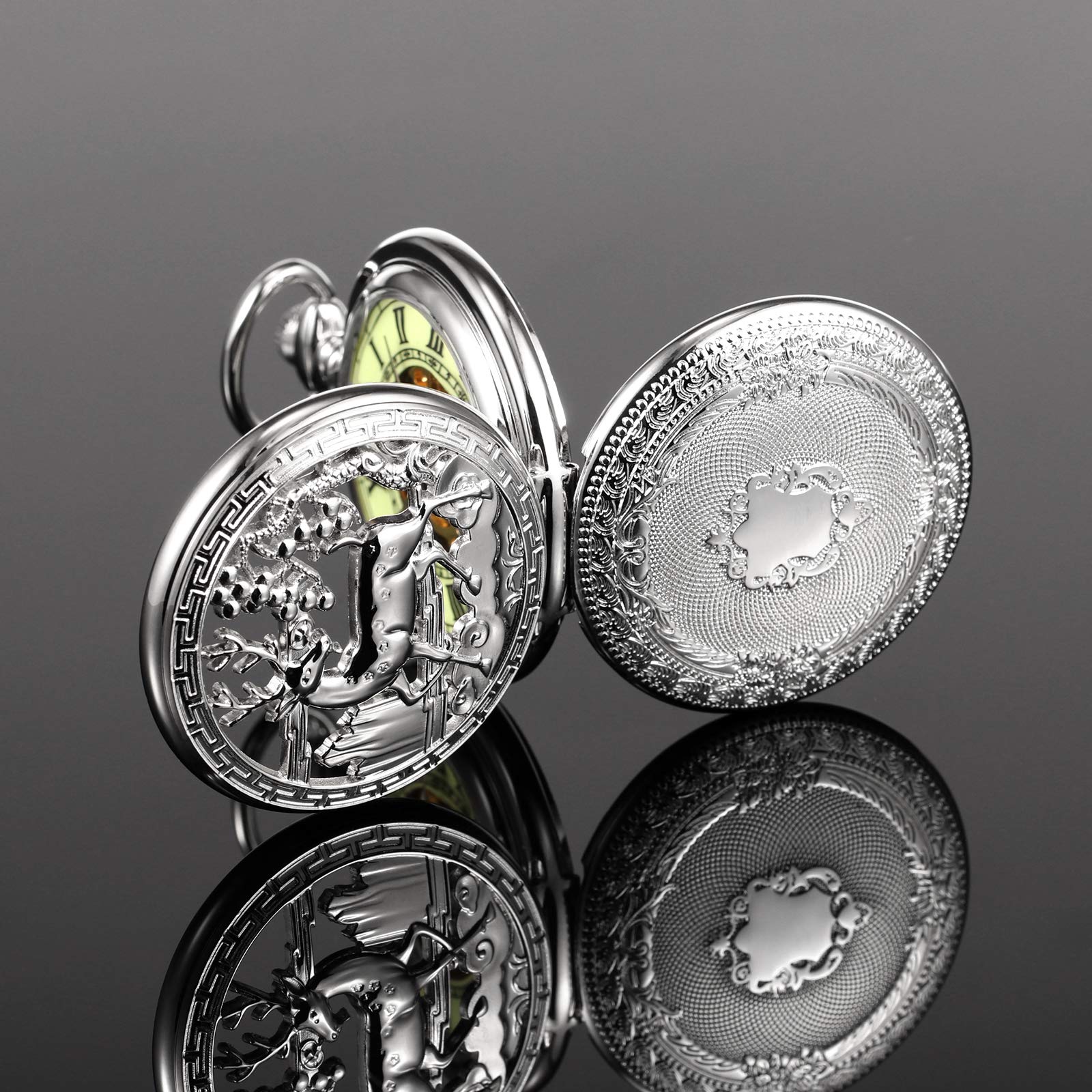 TREEWETO Montre gousset unisexe mécanique double couverture, renne cerf lumineux, squelette steampunk pour homme et femme
