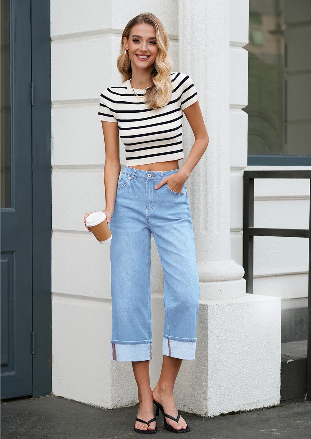 Vetinee Capris Jeans for Women Wide Leg High Waisted Trendy Fold Hem Summer Casual Stretchy Denim Jean Capri Pants - Image 7