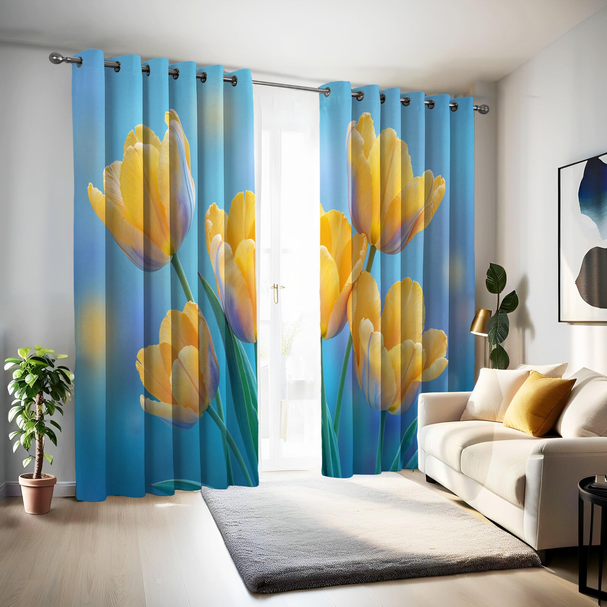 Isolanti Per Camera Da Letto Stampa 3D Fiori Di Tulipano Giallo 2 Pannelli 132X160Cm(L X A) Tende Soggiorno Piante Naturali Decorazione Motivo Finestra Bambini Tenda Oscuranti Occhielli