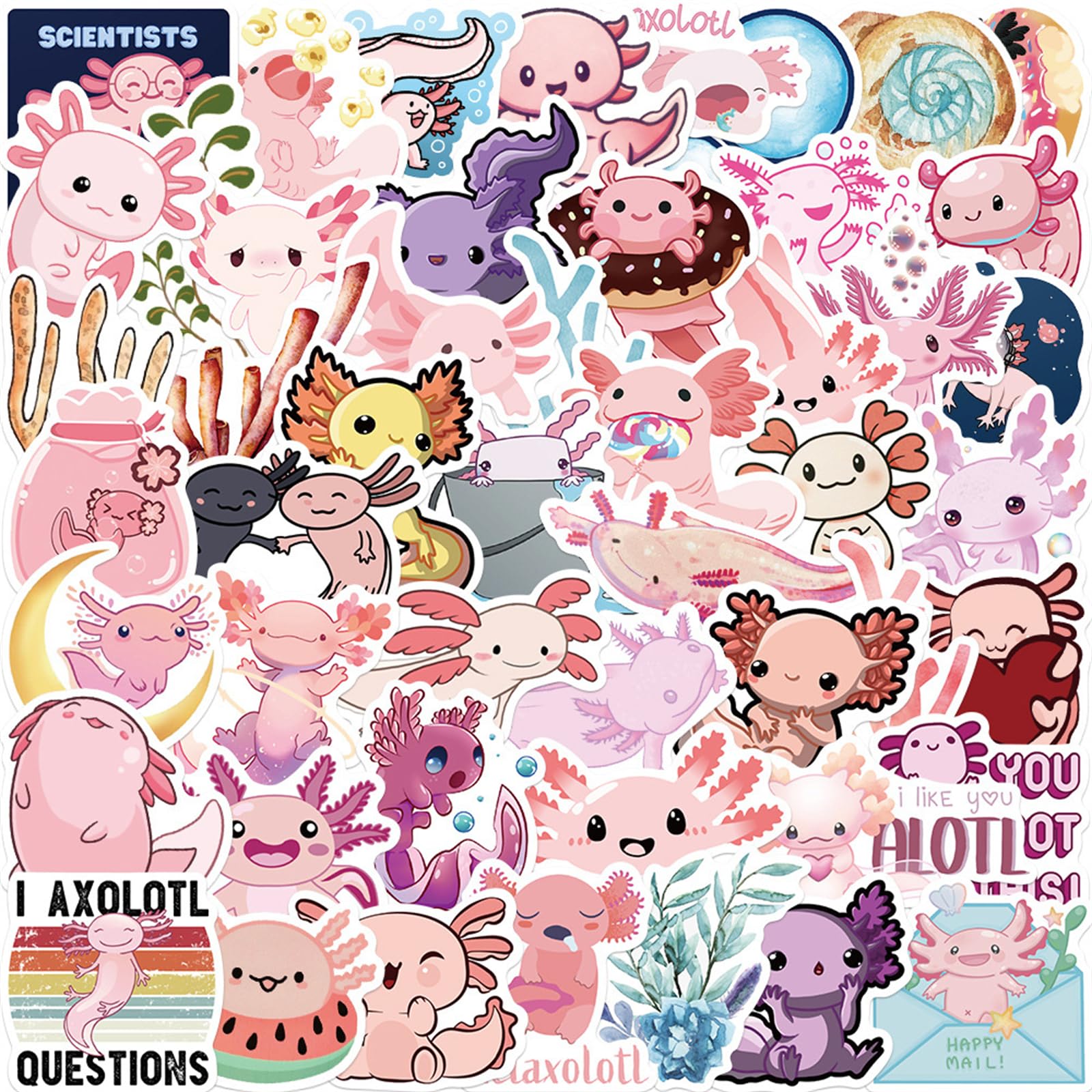 Cute Axolotl Stickers Pack 50PCS, Kawaii Animal Stickers Gifts for Kids Teens Adults Glueewee Vinyl Waterproof Stickers for Water Bottles Laptop Journaling Luggage