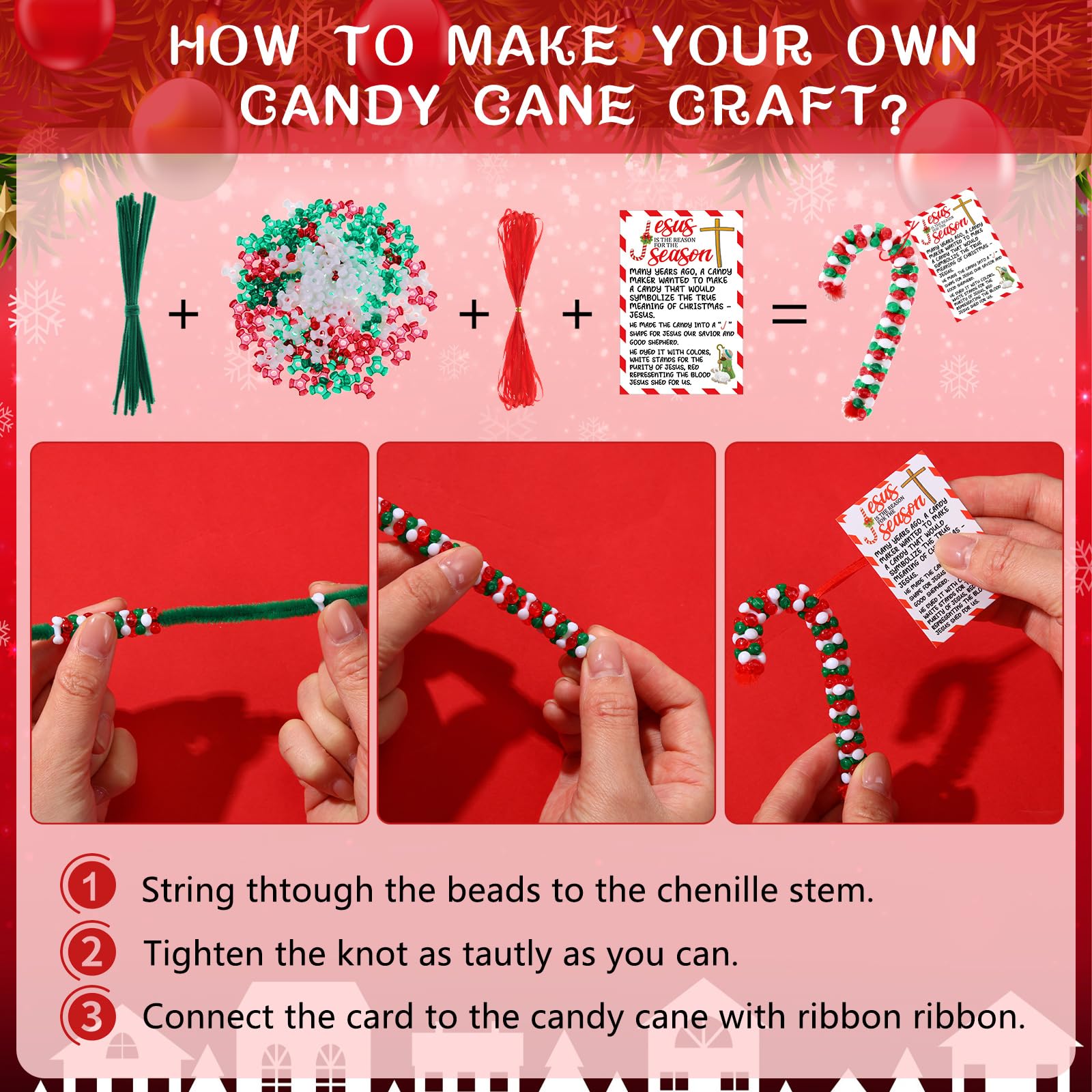 Hollowfly 48 Set Christmas Meaning of The Candy Cane Craft Kit DIY Christmas Tri Beaded Ornament Includes 2160 Plastic Tri Beads 48 Cards 48 Chenille Stems for Jesus Religious Crafts Xmas Tree Decor