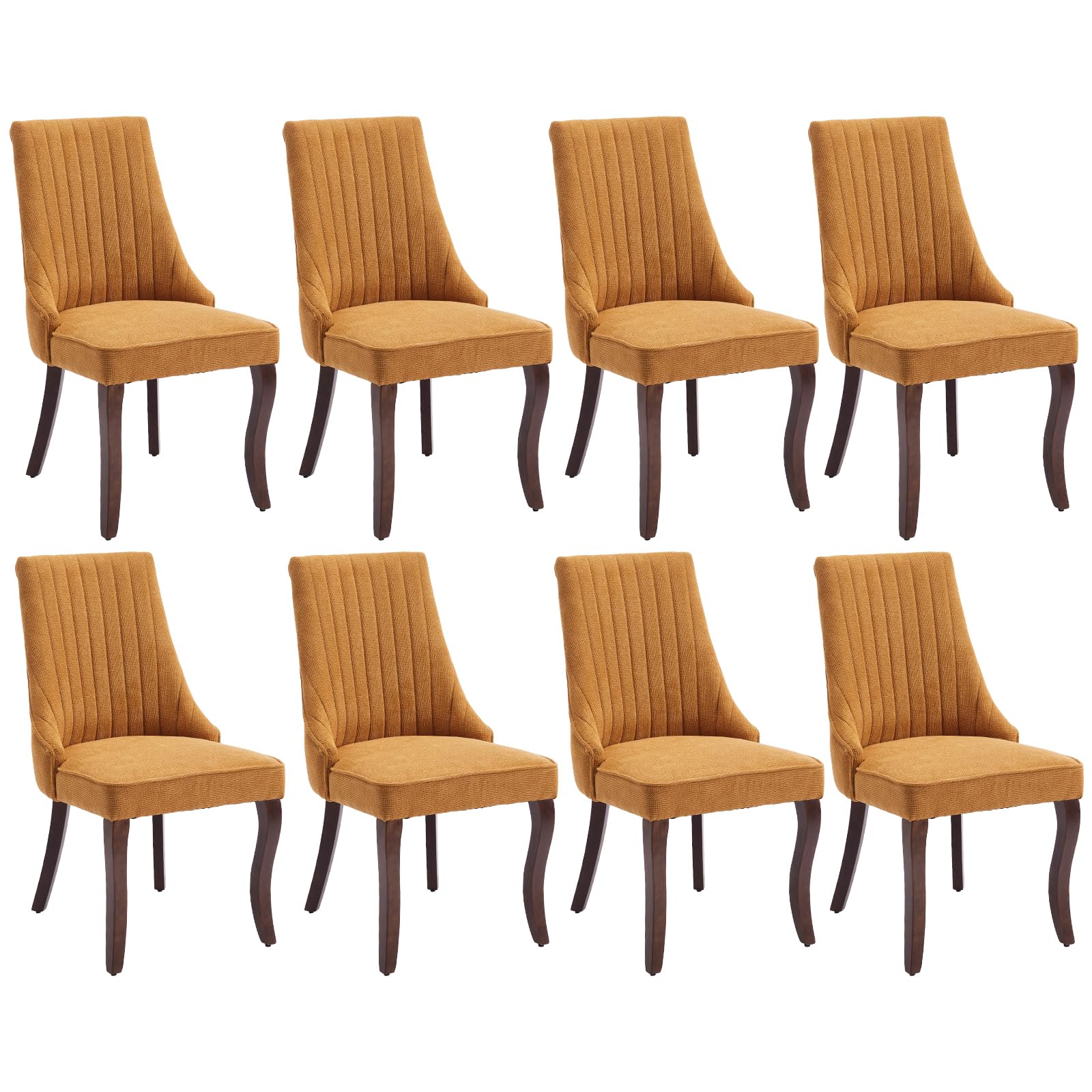 MZDOO Dining Room Chairs Set of 8，Linen Channel Tufted Kitchen Dining Room Chair with Curved Solid Wood Legs, Comfortable Fabric Upholstered Dining