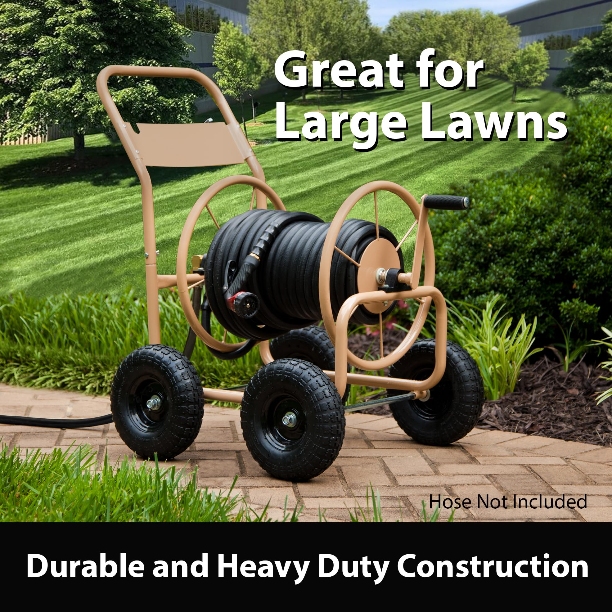 Liberty Garden Products 870-M1-2 Przemysłowy 4-kołowy wózek ogrodowy na wąż ogrodowy, mieści 70 m węża 5/8 cala - tan
