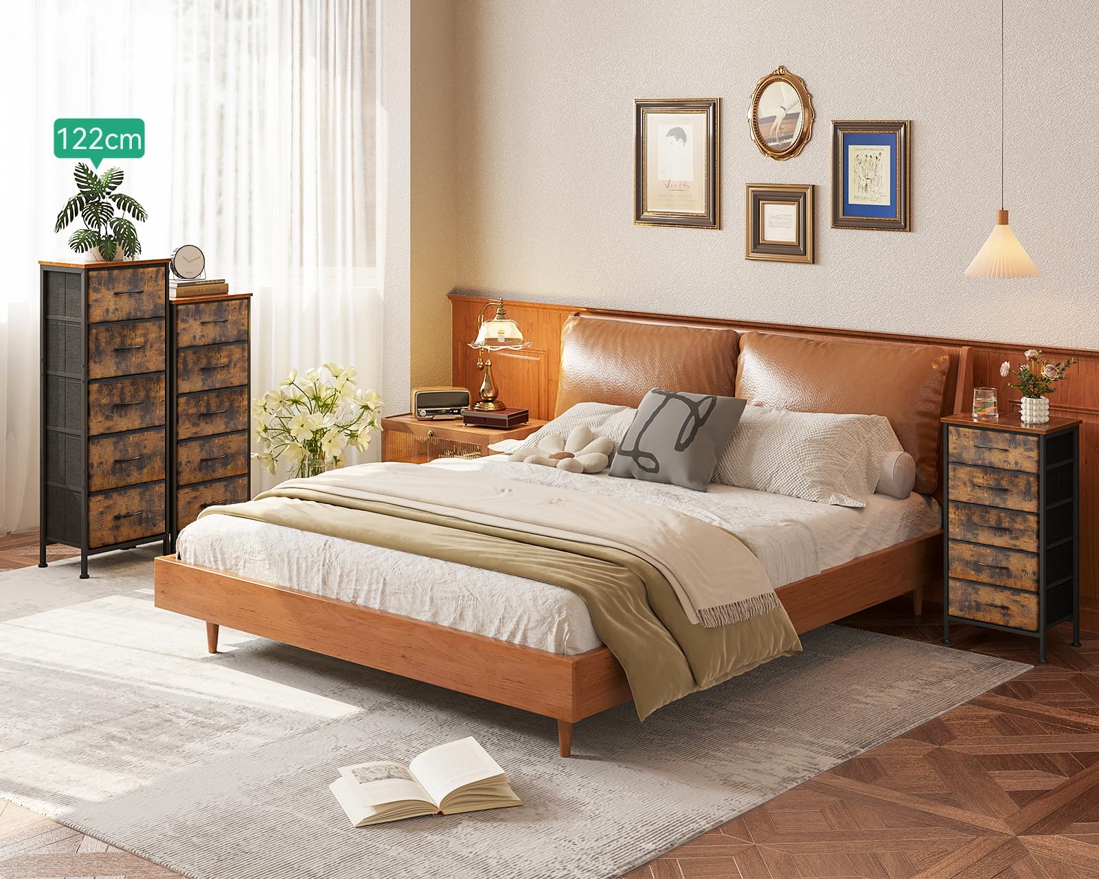 Coleshome Schmale Kommode mit Schubladen, Kleine Kommode mit 5 Schubladen, mit Stoffschublade, Stabiler Stahlrahmen, Holzplatte, Geeignet für Schlafzimmer und Wohnzimmer, Vintage