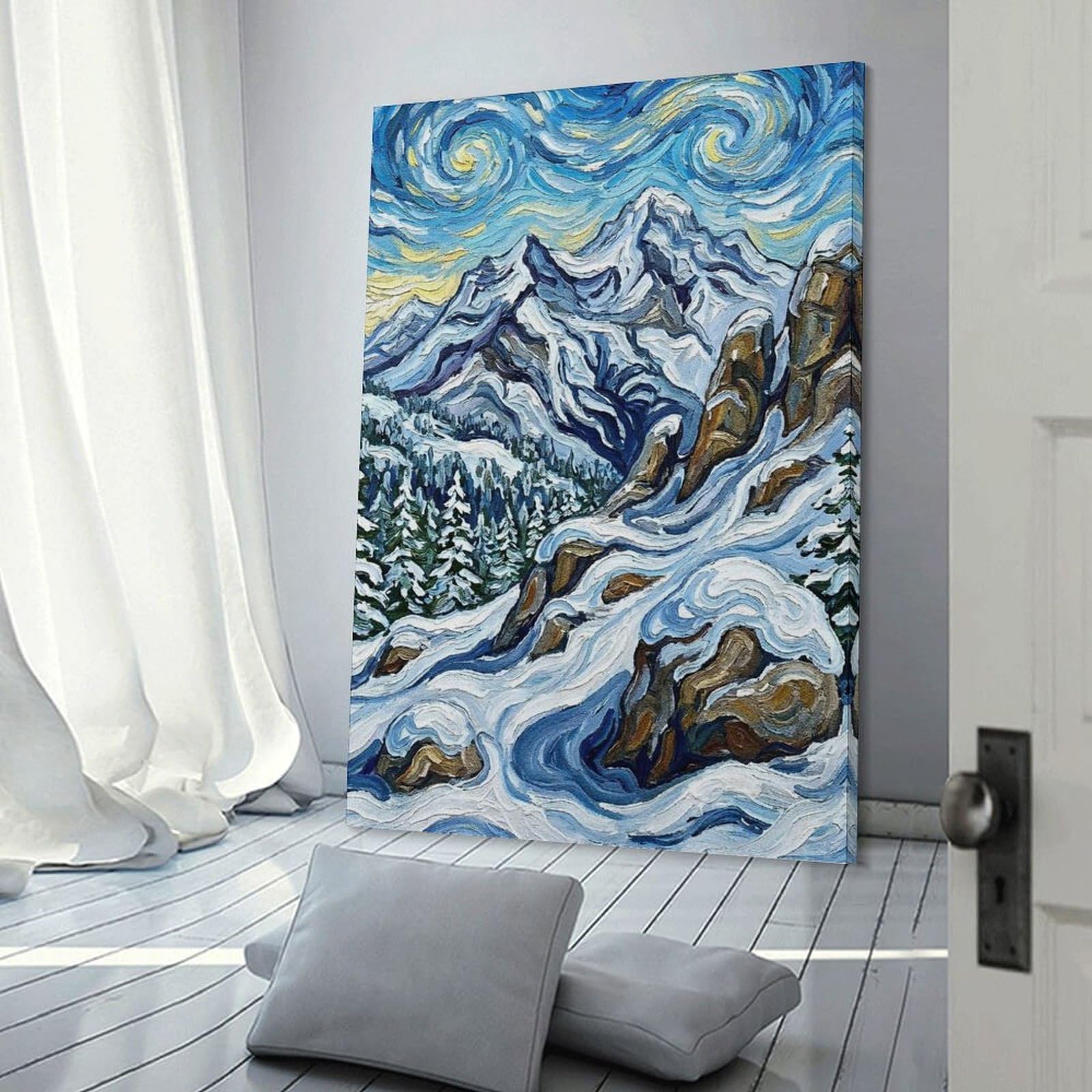 Junmoney Impressionistic Winter Mountain Landscape Painting Home Decor Wall Art 20x30inch(50x75cm), for Restful Interiors, Bedrooms Or Small Rooms, Decorative Wall Art for Cosy Rooms