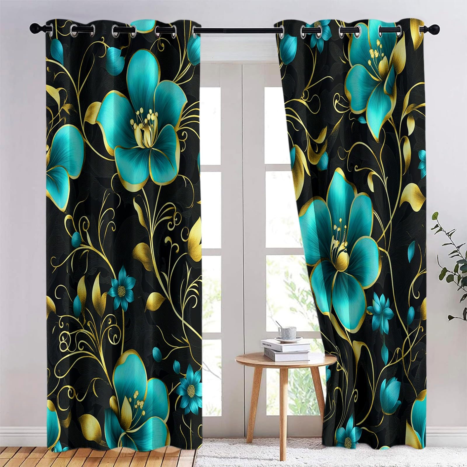 Tende Oscuranti per Interni 2 Pezzi 70x160 cm (LxA), Lusso Foglie Dorate Fiori Turchesi Tenda Coprente per Soggiorno, Termiche Isolanti Nero Tendaggi per Interno Finestra per Salotto Cucina