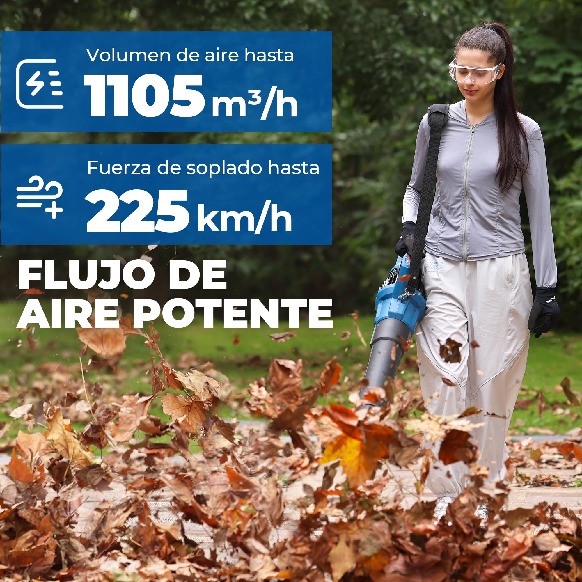 Dong Cheng Soplador de Hojas a Batería 2x20V, Caudal 1105 m³/h, Velocidad del Aire de hasta 225 km/h, 2 Baterías 4,0Ah, 6 Velocidades, Modo Turbo, 3 Boquillas, para Jardín, Calles, Nieve y Obra