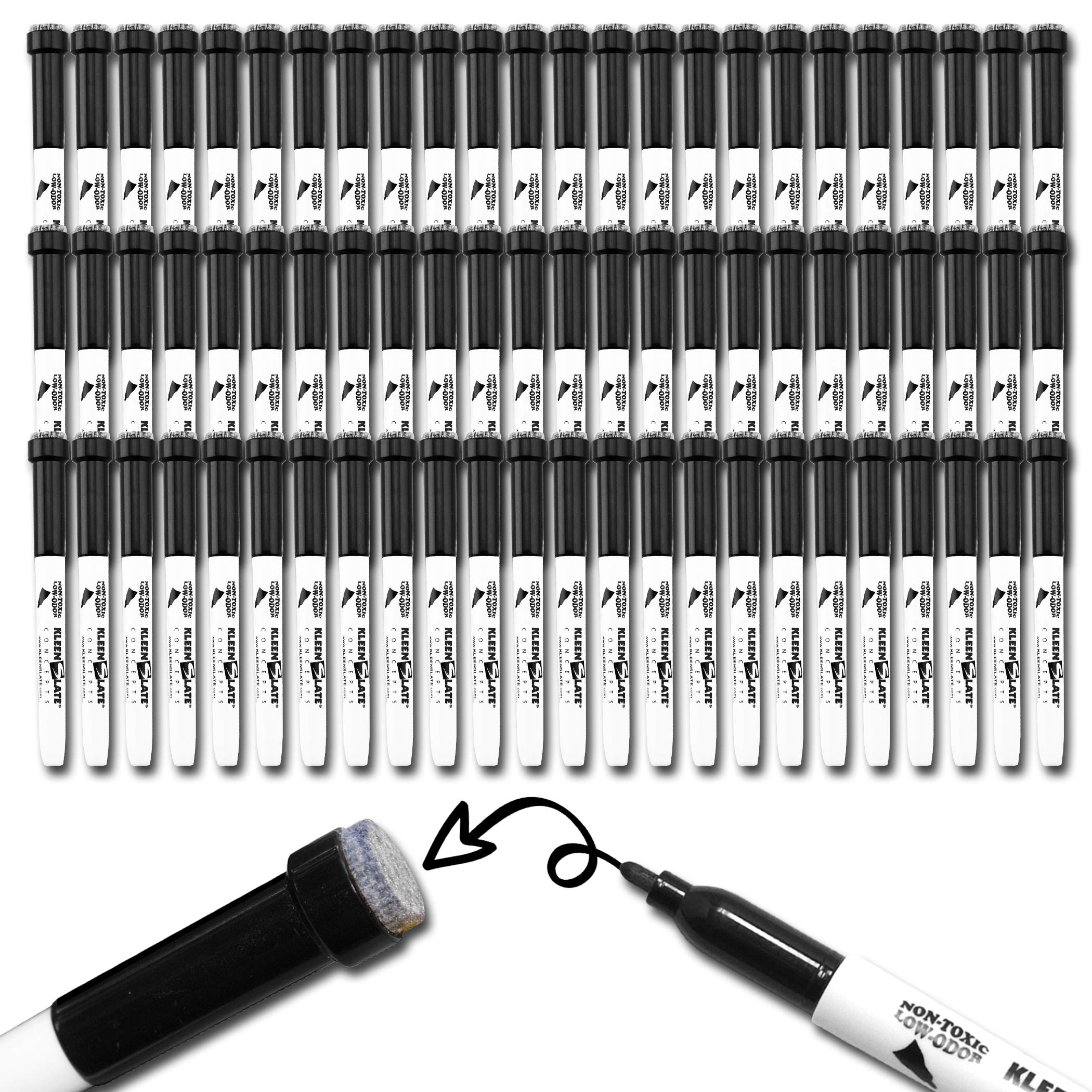 KleenSlate(72) Black Low Odor, Non toxic Dry Erase Marker with Eraser - Bonus 6 Adhesive Clips and 4 Microfiber Cleaning Cloths