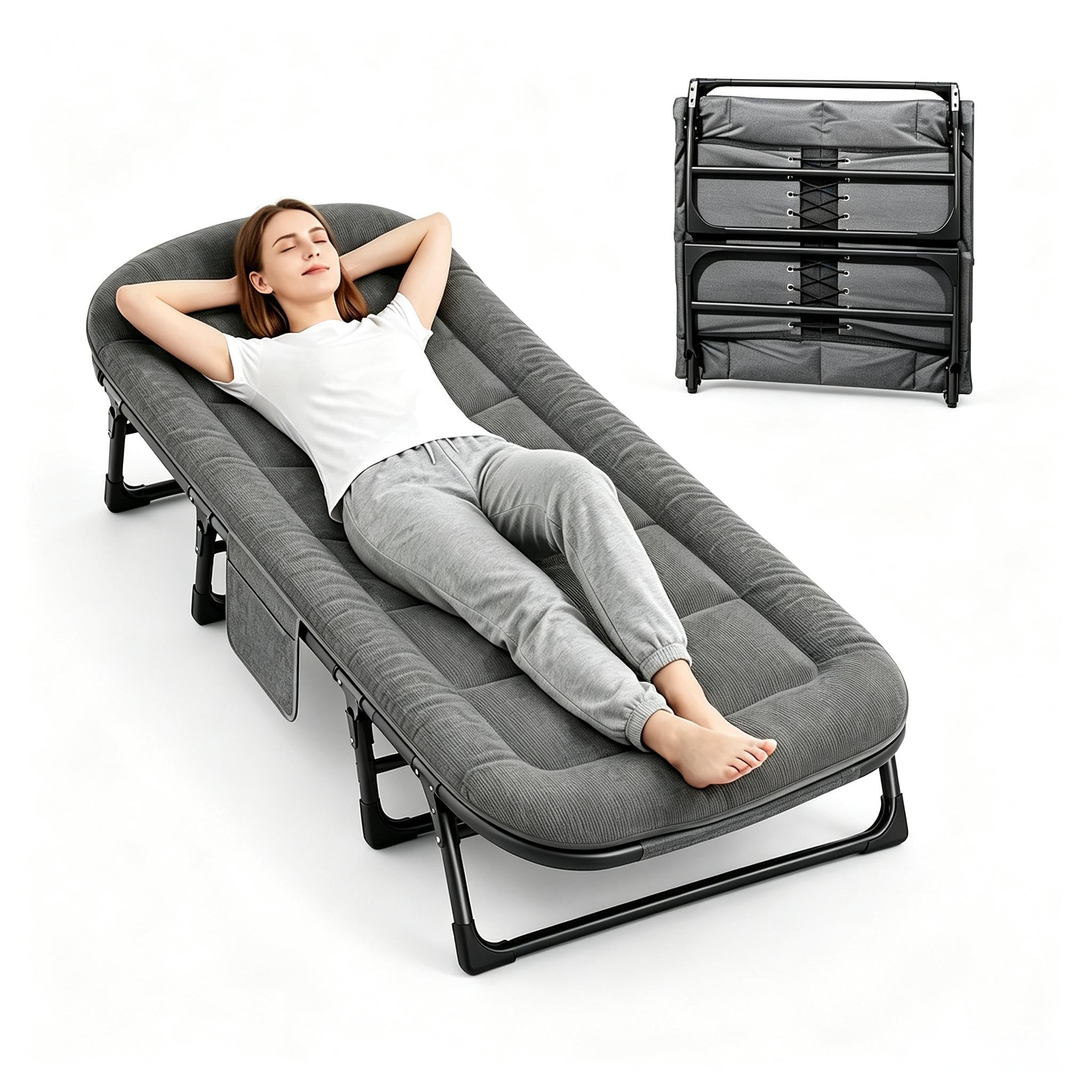 Folding Camping Cot, 6-Position Adjustable Camping Bed, Corduroy Guest Bed
