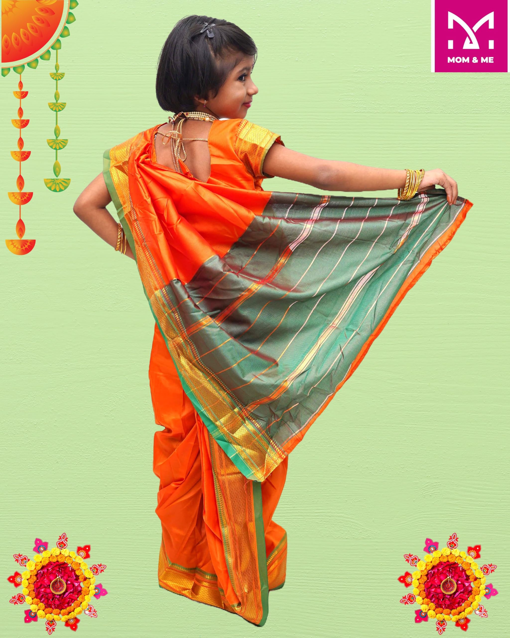 Mom and Me Nauvari Saree for Girls/Baby Girl, Ready to Wear, Marathi Maharashtrian Traditional Saree, Festival Outfit for Puja, Ganpati Festival, School Programs stitch Blouse (Mustard, 2-3 Y) - Image 2 thumbnail