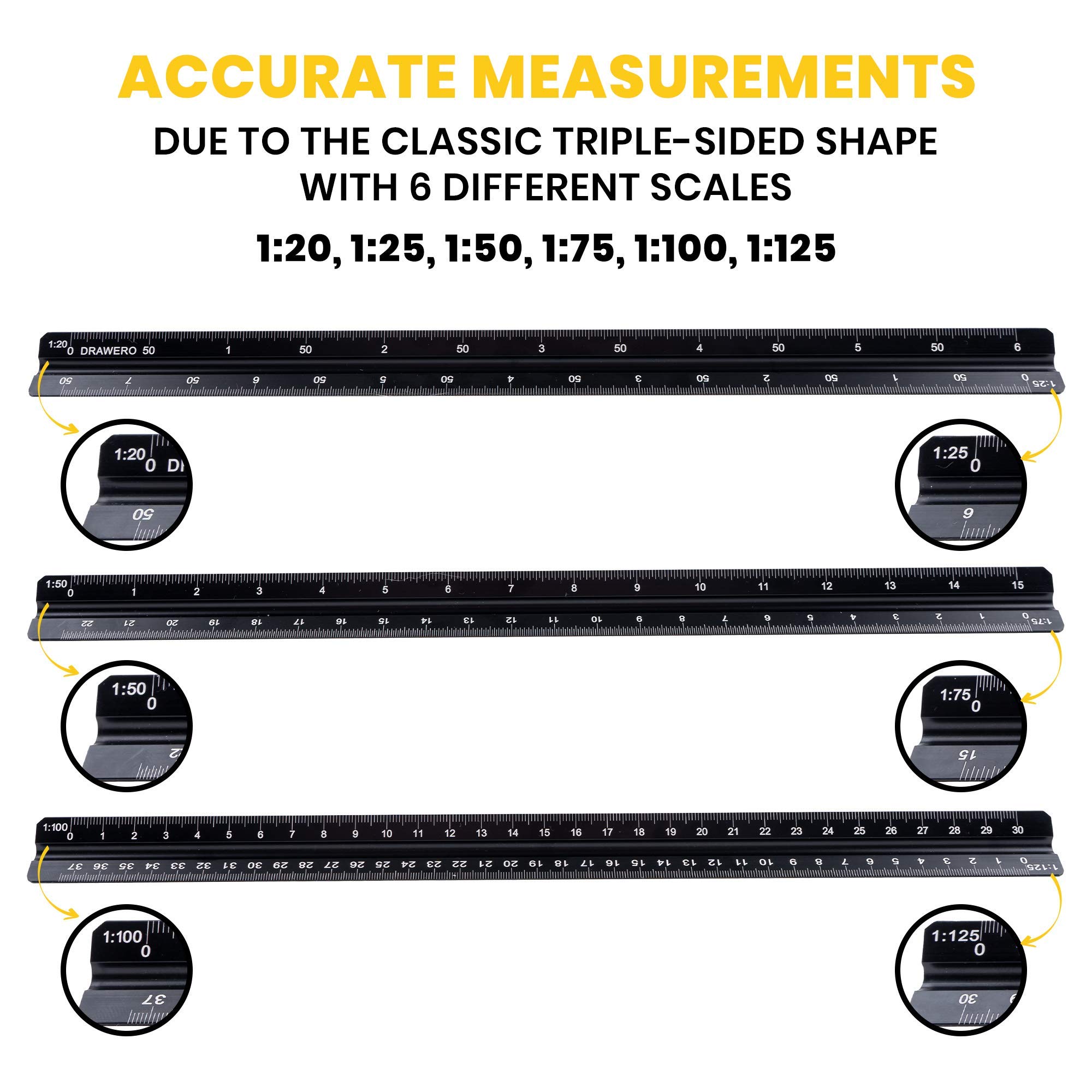 Scale Ruler Triangular Architectural 6Piece Set 12Inch Aluminum Black