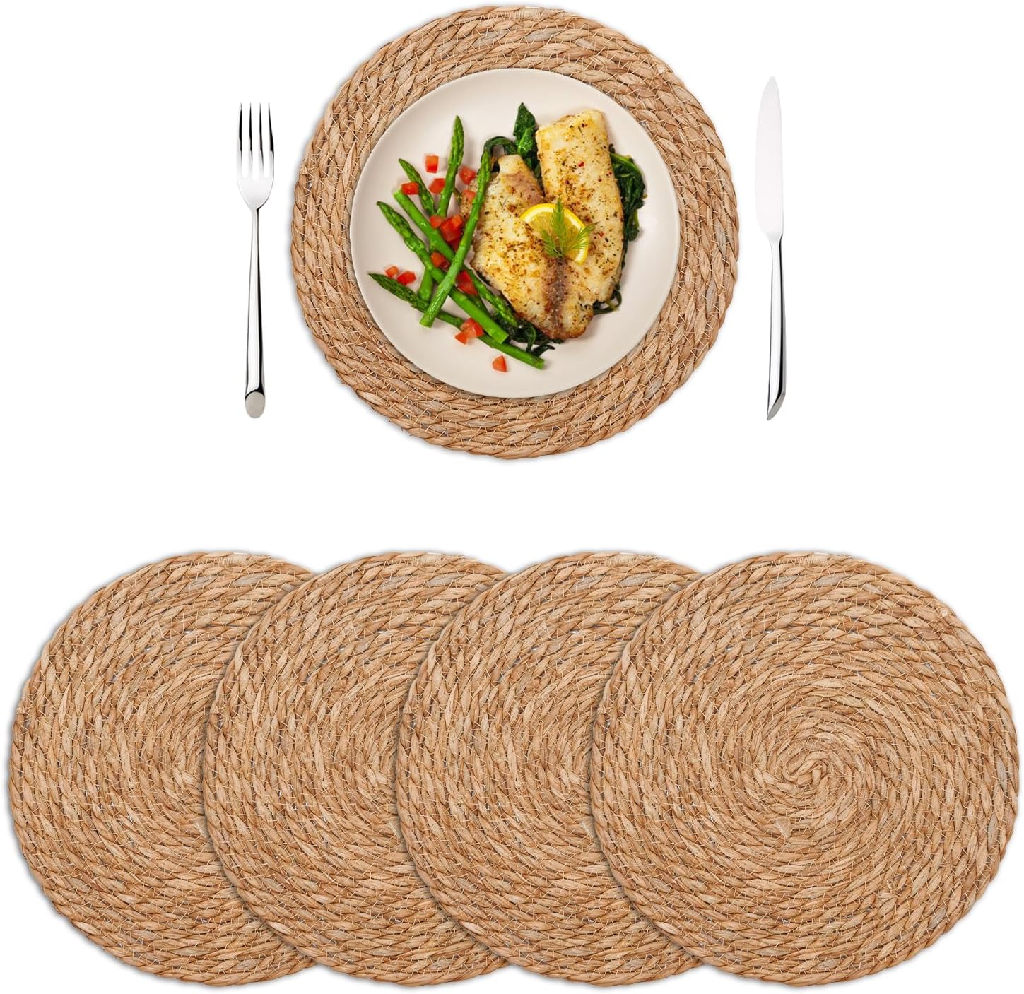 Round Woven Placemats Set of 4, 13 Inch Boho Farmhouse Rattan Placemats Rustic Braided Wicker Table Place Mats Chargers for Dinner Plates