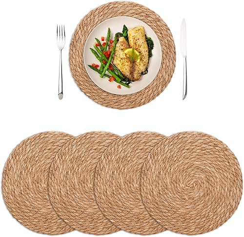Miniatura 8 de Juego de 4 manteles individuales redondos tejidos de 13.7 pulgadas, manteles individuales bohemios de ratán rústico trenzado de mimbre para platos
