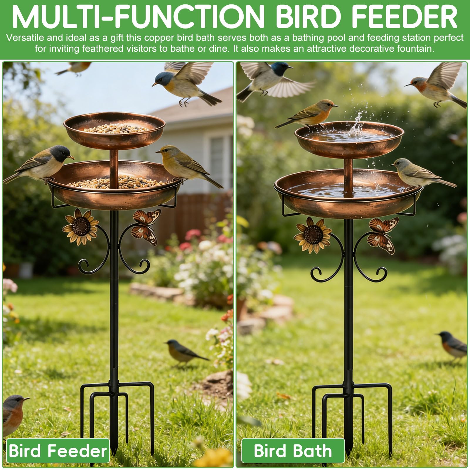 Lergas Bebedero para pájaros de pie, baño para pájaros para exterior, jardín, 2 en 1, de metal, bebedero para pájaros, bebedero para pájaros antiguos, resistente al invierno, para exteriores, balcón