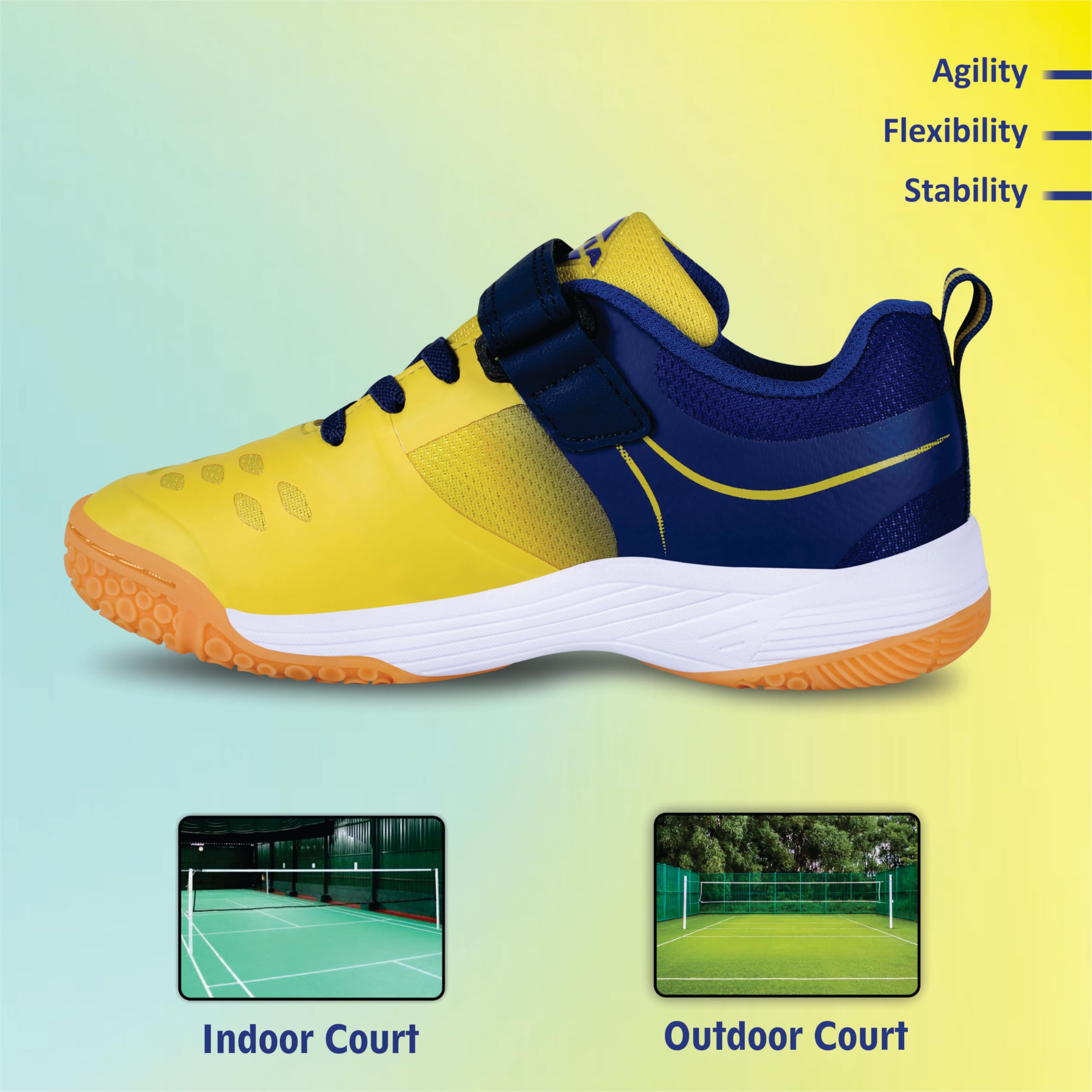 Nivia HY‑Court 3.0 Badminton Shoes for Kids, Breathable Mesh & TPU Upper, Duo‑Foam Midsole, Non‑Marking Multi‑Directional Rubber Sole, Ideal for Junior Court Sports (Yellow/Blue), UK10 3