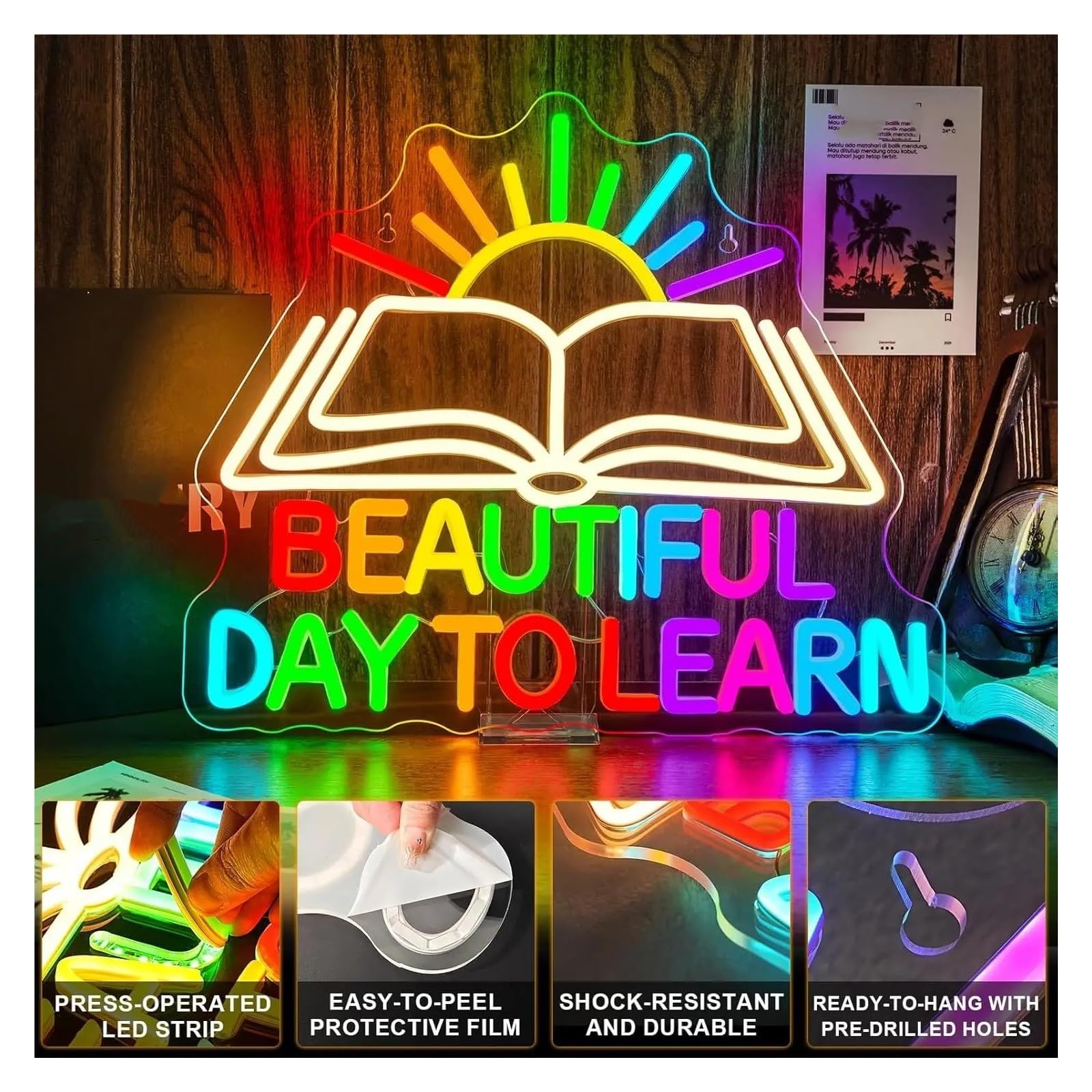 Insegna al Neon Beautiful Day To Learn Insegna Al Neon Luce LED Alimentata Tramite USB Per La Lettura Angolo Aula Studio Biblioteca Arredamento 38cmx32cm