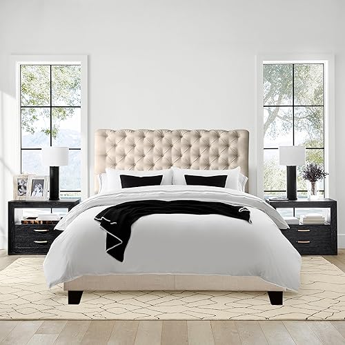 Miniatura 37 de Rosevera Gideon - Marco de cama tapizado de tela con cabecera ajustable, estilo Chesterfield, soporte de listones de madera, fácil montaje, tamaño