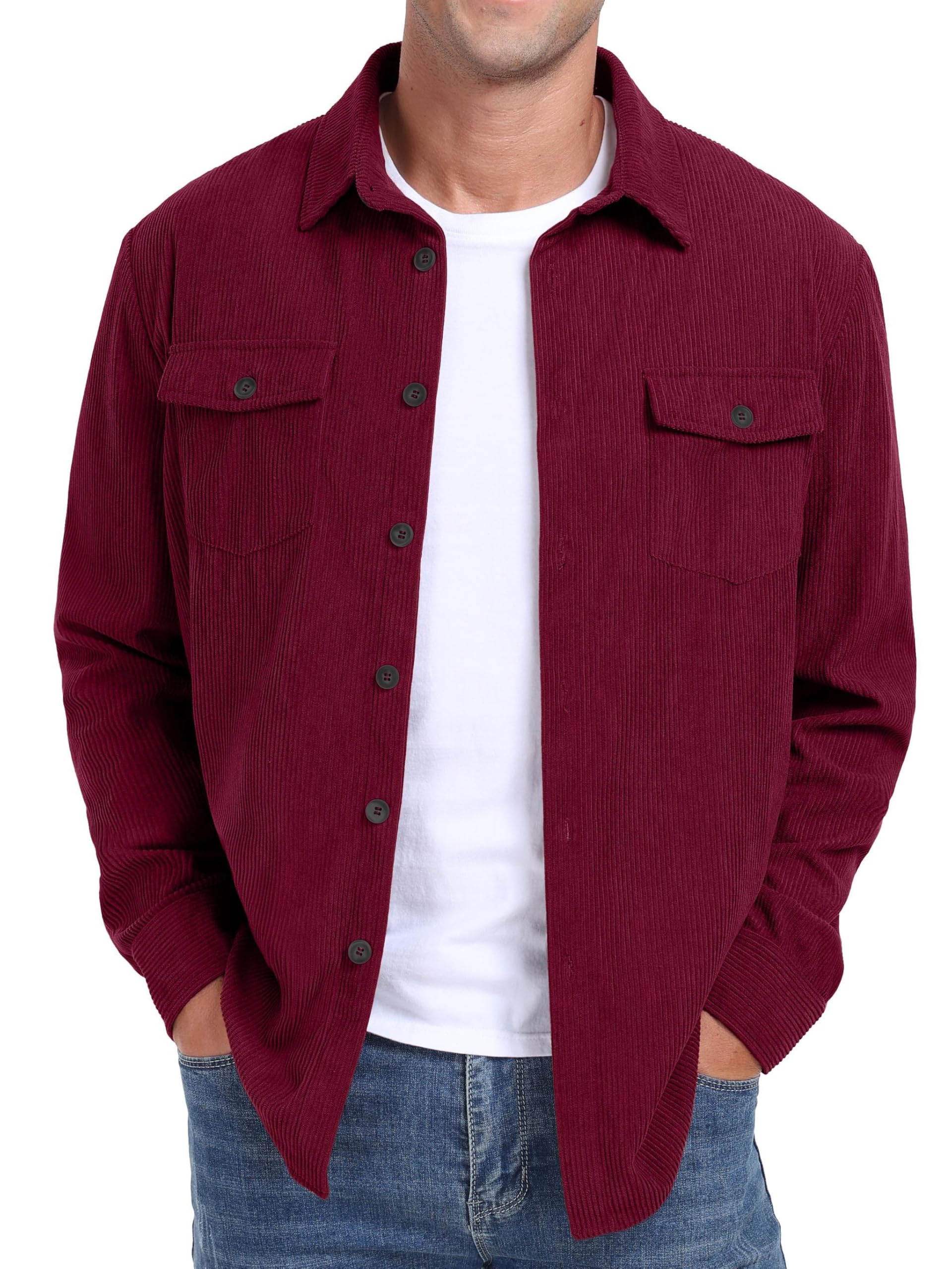 QIXING Camicie da uomo in velluto a coste con bottoni a maniche lunghe, giacca da camionista autunno inverno cappotti con tasche con patta