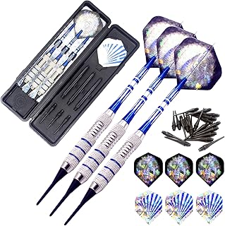 ROOBEEO Soft Tip Darts Set for Electronic Dart Board 18/22g Plastic Tip Darts Set with Brass Barrels&Aluminum Shafts, 6 Flights 3 Spare Plastic Dart Shaft 20 Soft Tips Portable Case