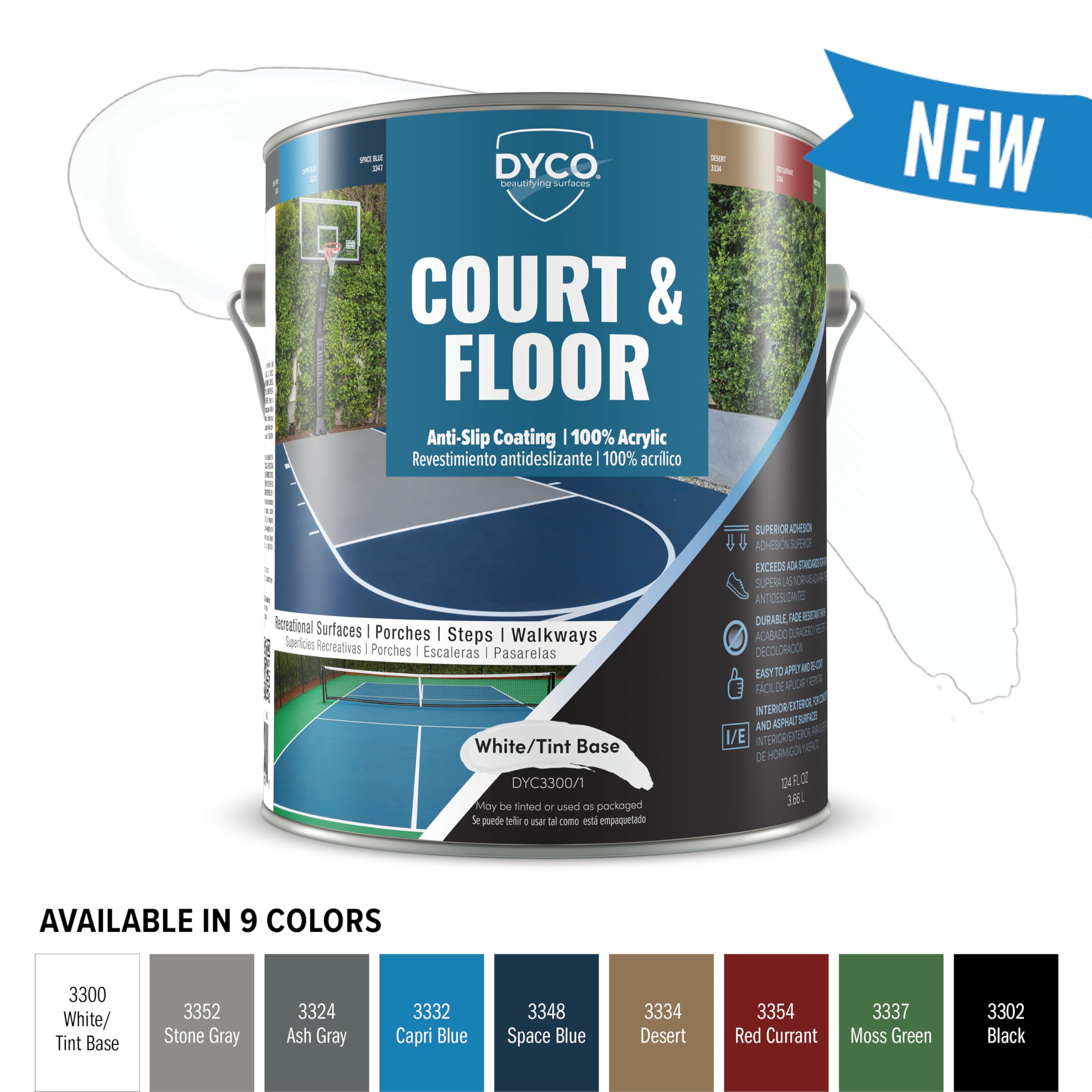 DYCO Court & Floor Anti-Slip Coating - Slip-Resistant Pavement, Cement & Concrete Paint for Pickleball, Tennis & Basketball Courts, Exceeds ADA Standards for Safety Areas (White, 1 Gallon)