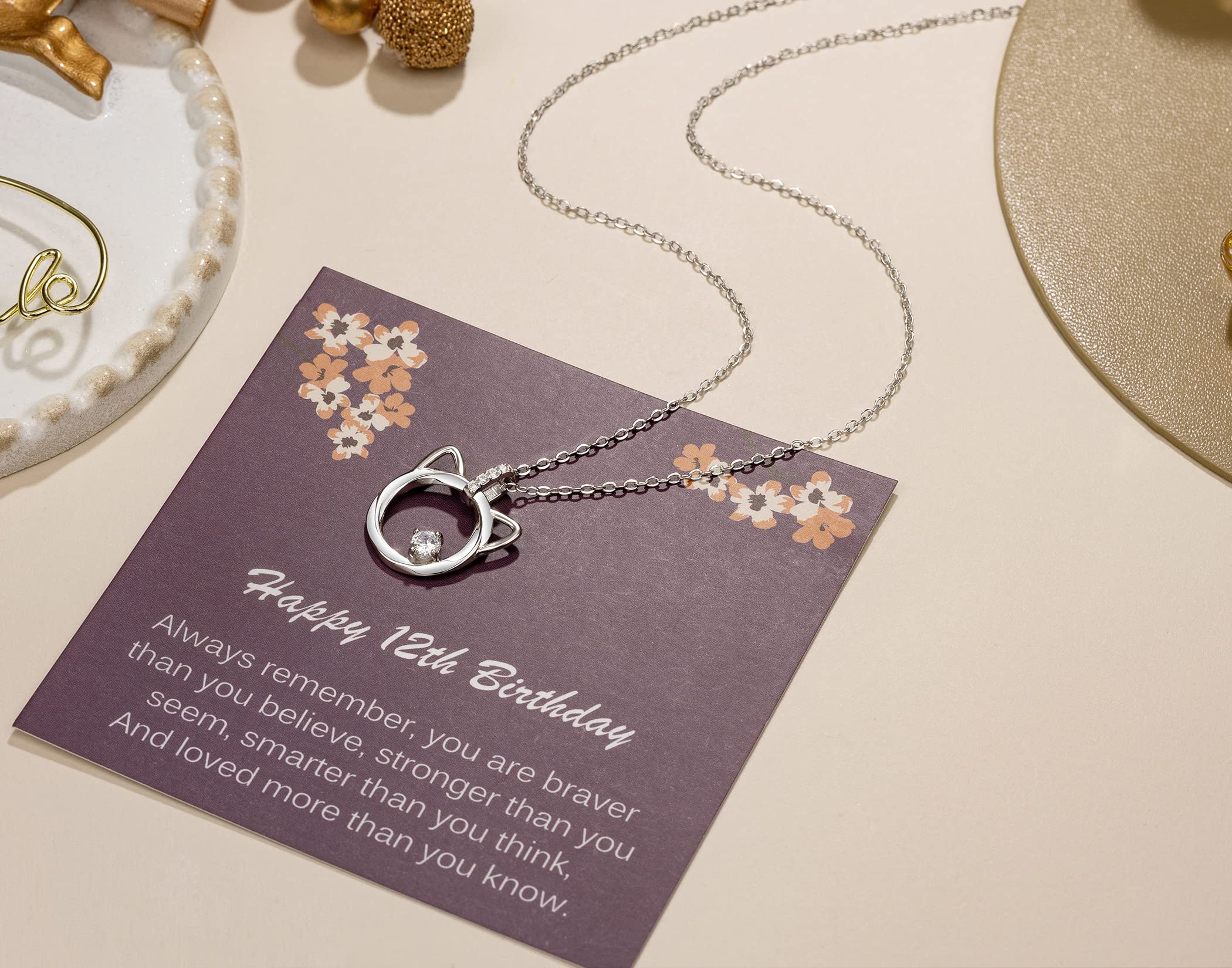 Regalos de 12 cumpleaños para niñas, collar de gato de plata de ley 925 con piedra de circonita, ideas de regalo de cumpleaños para niña de 12 años, Plata esterlina, Circonia cúbica