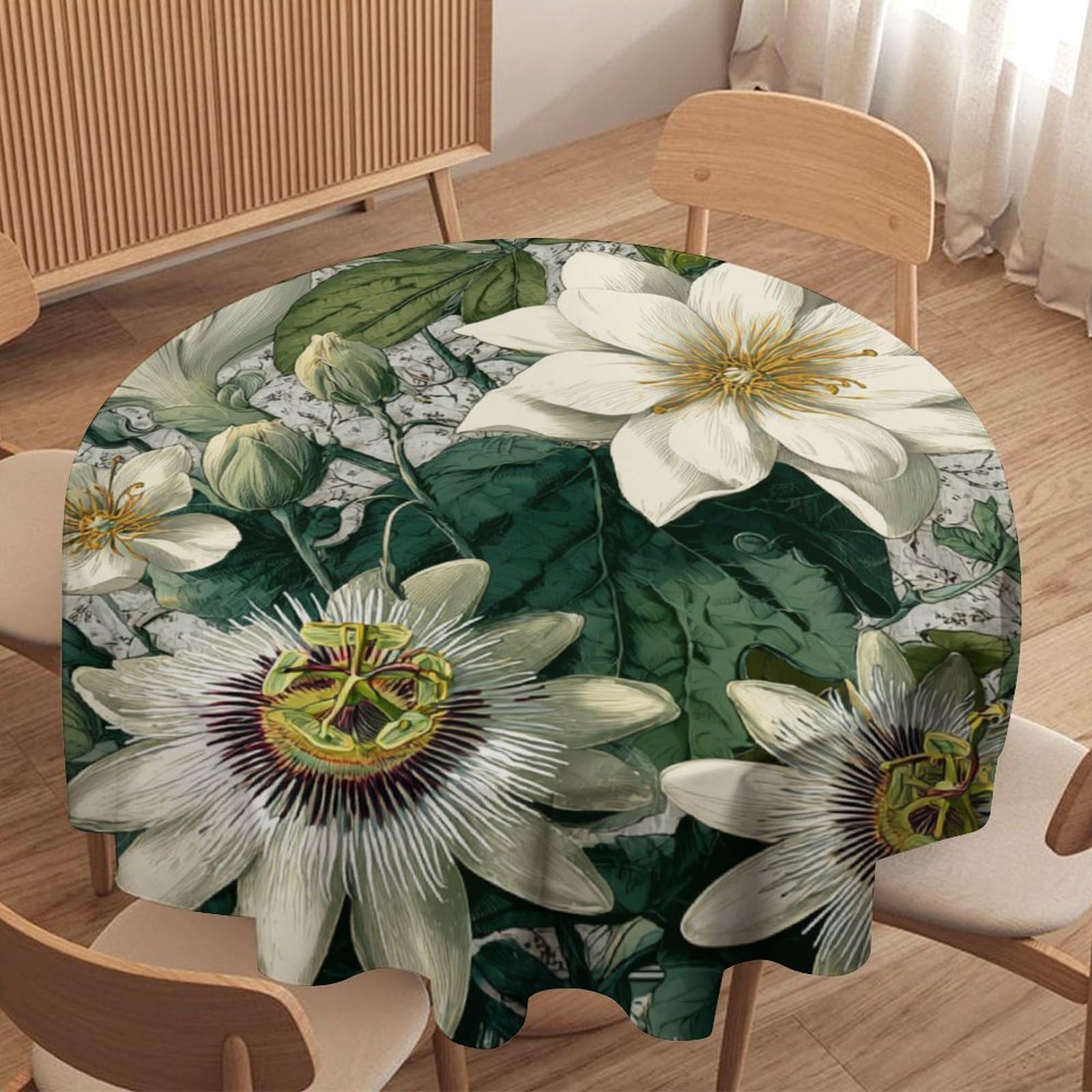 LUYYSKY Elegant Realistic Green Floral Waterproof Round Tablecloth Beautiful Retro Botanical Plant Green Flowers Leaves Pattern Washable Table Cover for Kitchen-127 Wx127 L cm