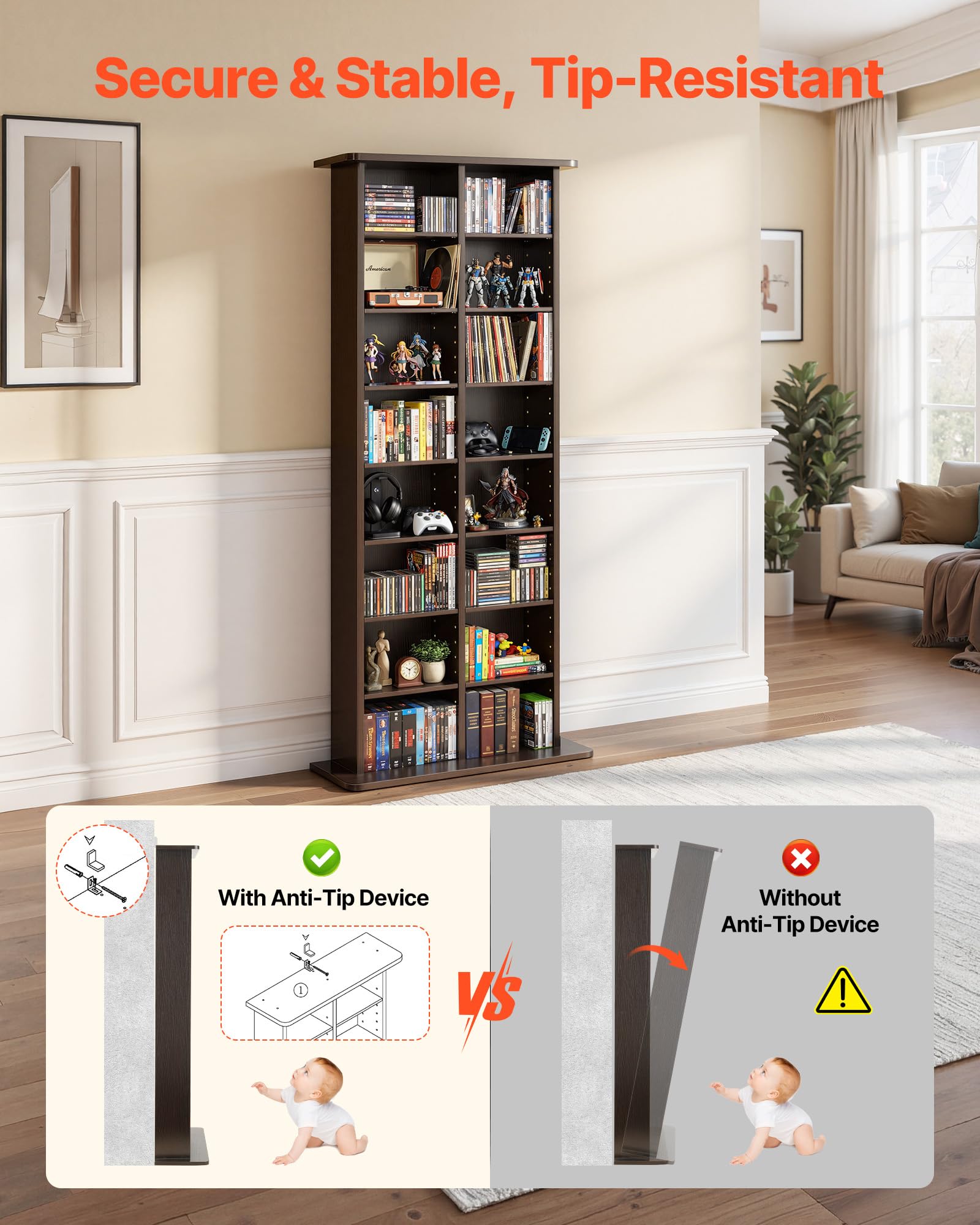 VEVOR Medienregal, 8-lagiges CD-Regal, 559x222x1295 mm, Multimedia-Aufbewahrung für CDs, DVDs, Bücher & Spiele, Raumteiler Schrank mit 16 Fächern für Wohnzimmer, Homeoffice, Aufnahmeraum