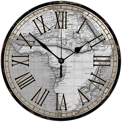 Reloj de pared de madera de 15 pulgadas, ligero, ligero, estilo vintage, mapa del viejo mundo, reloj de madera redondo estilo Shabby Chic estético,