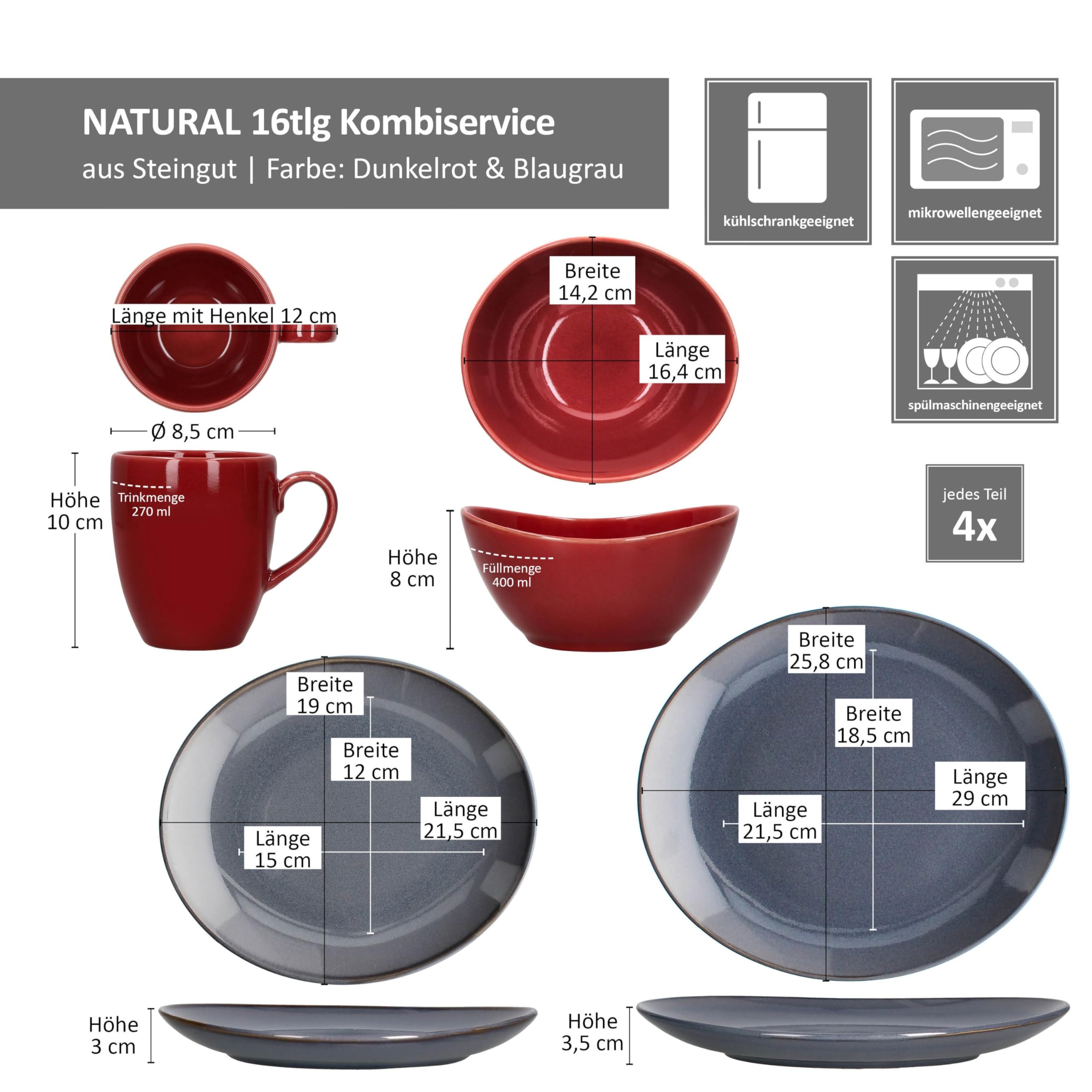 MÄSER Natural Service de table 16 pièces pour 4 personnes bleu et rouge I Service de table en faïence avec 4 tasses à café de 270 ml, bols de 400 ml, assiettes à gâteau et assiettes plates I Petit