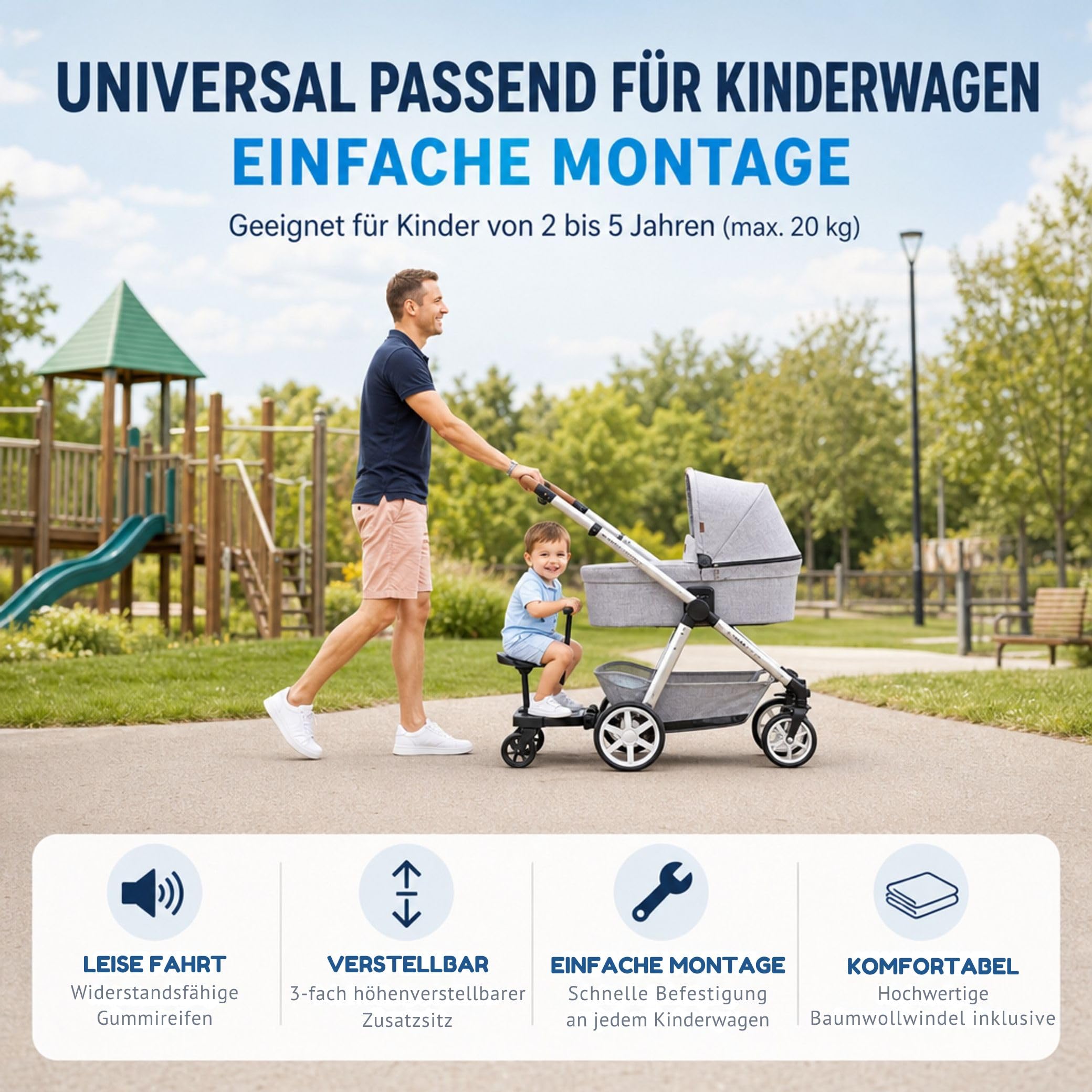 Set ABC Design Trittbrett Kiddie Ride On 2 mit Blaubär Stoffwindel | Mitfahrbrett universal passend | Rollbrett für Kinderwagen Buggy bis 20 kg