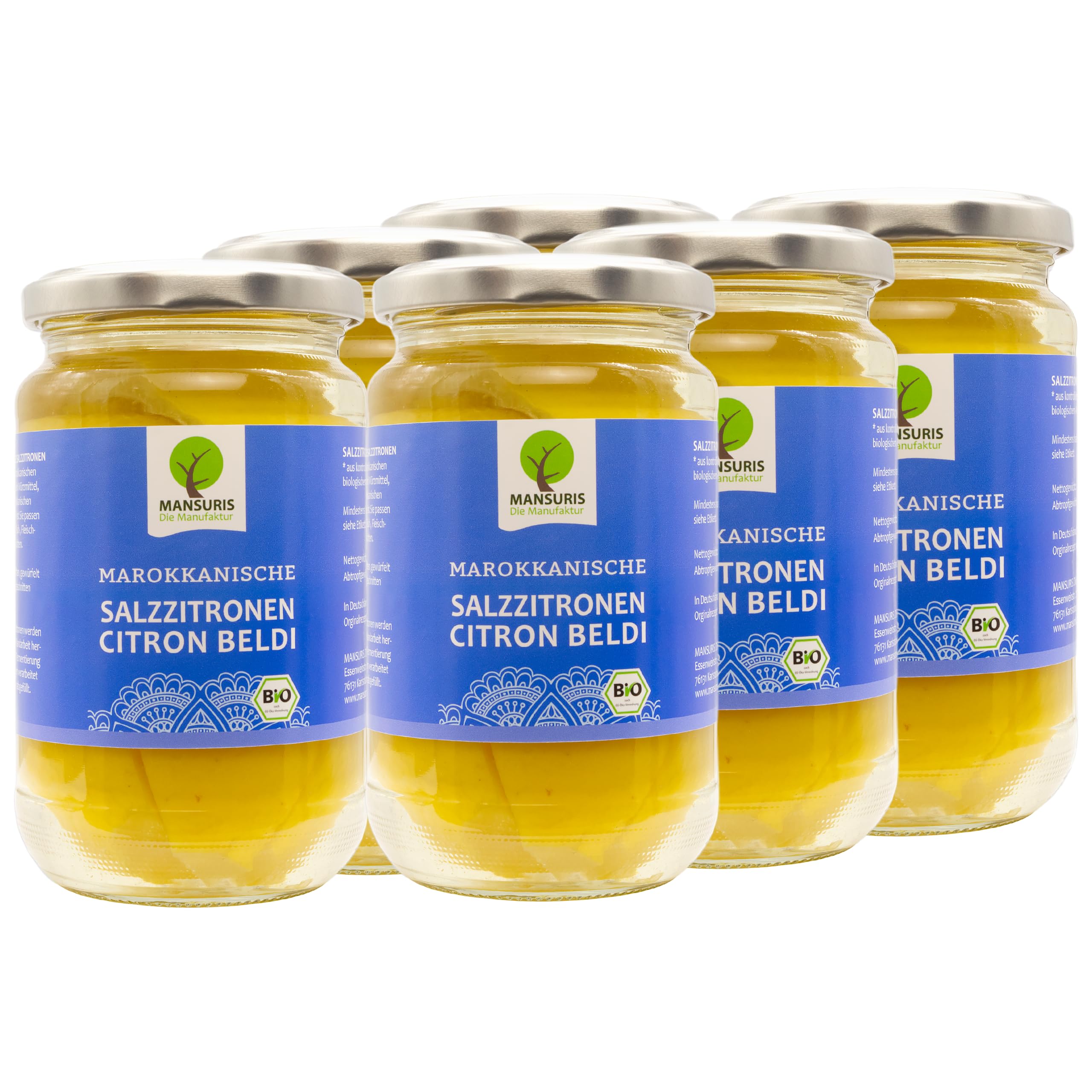 Mansuris - eingelegte Bio Zitronen in Meersalz - Citron Beldi -BIO Salzzitronen, In Salzlake eingelegte marokkanische Zitronen für Tajine Couscous, vegan, glutenfrei im 6er Set á 350 g Glas