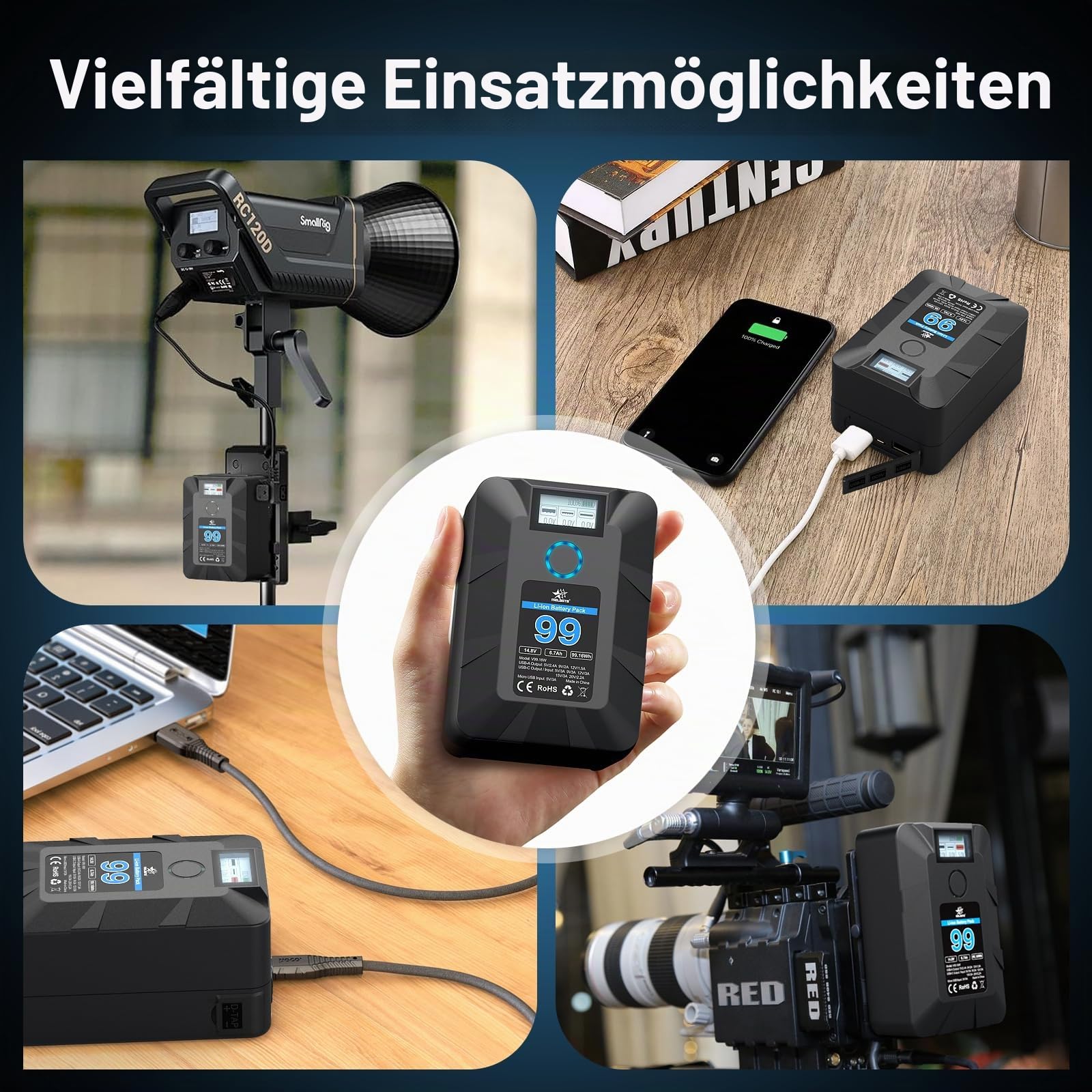 melasta Mini V Mount Akku Batterie 99Wh 6700mAh 14.5V, V Mount Akku mit PD 45W USB-C Schnellladung, mit D-TAP, USB-A, OLED-Bildschirm, für Kamera, Camcorder, Videoleuchte