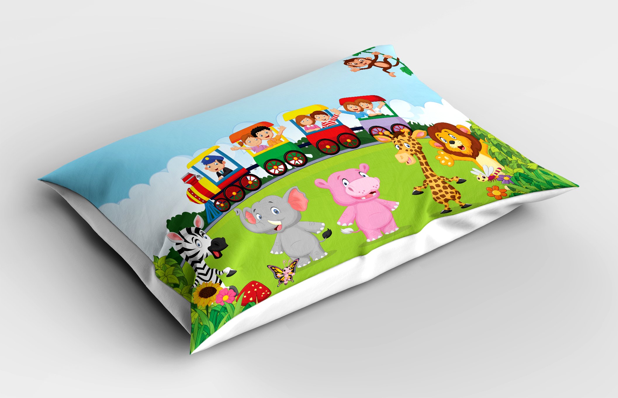 Ambesonne Cartoon Pillow Sham, Kids Nursery Design Happy Children on a Choo Choo Train with Safari Animals Artwork, Decorative Standard Queen Size Printed Pillowcase, 30