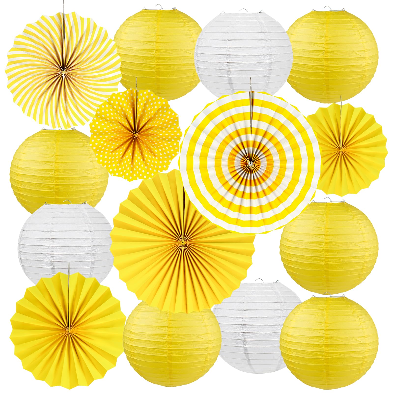 Peywot 15Pcs Yellow Party Decorations Supplies Set, Hanging Yellow Paper Lanterns Paper Fans for Home Decor Birthday Wedding Graduation Picnic BBQ Baby Shower Pizza Party (Yellow and White)