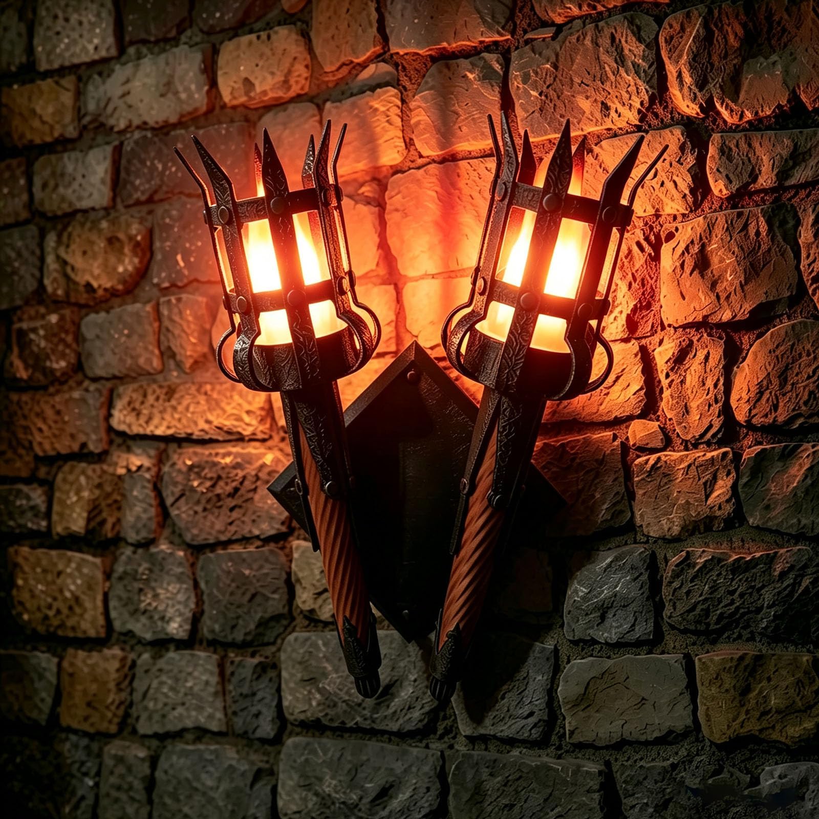 SXOIIVC Medieval LED Torch Wall Sconce Gothic Castle Decor Orange，2 Torches + Dual Mount：Red