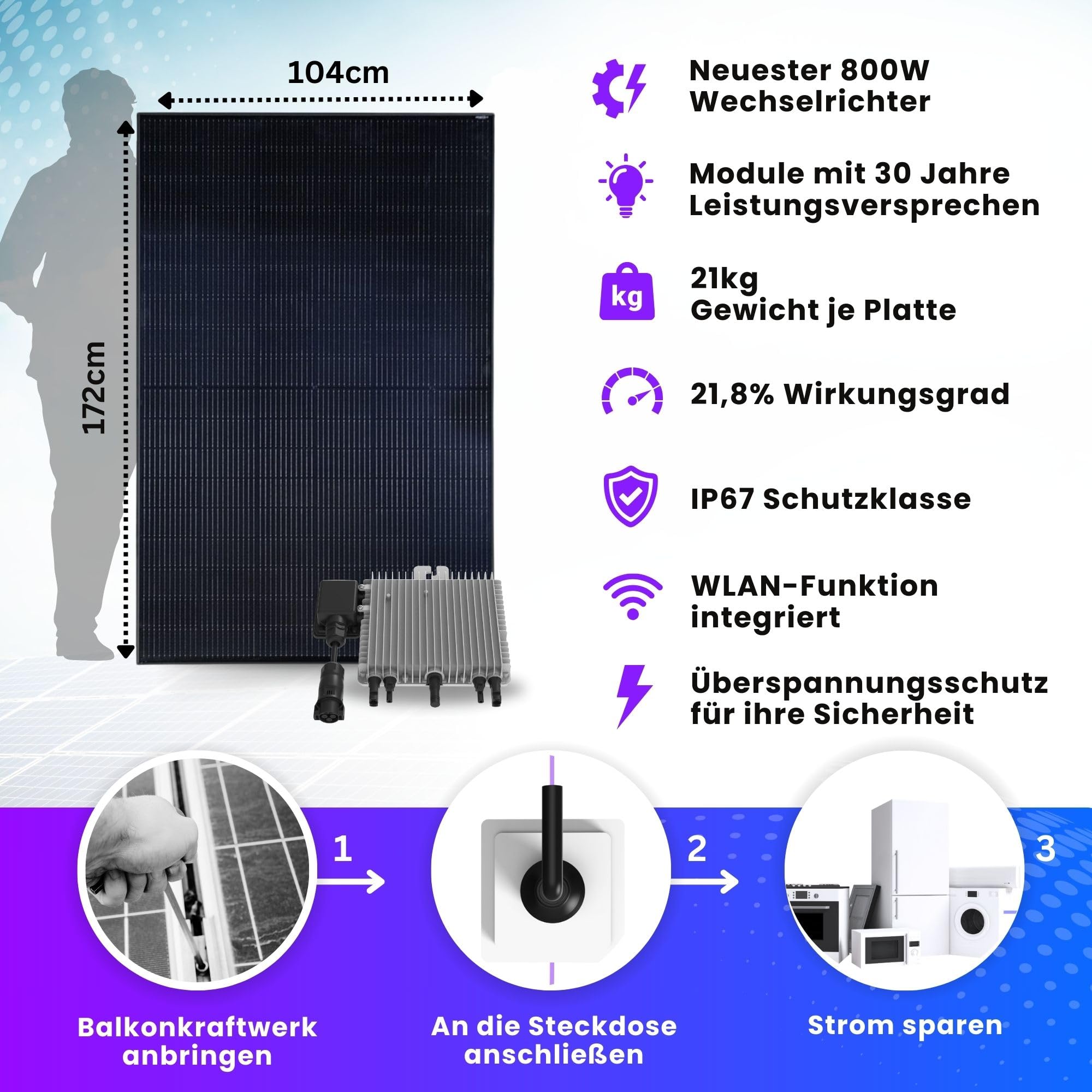 Balkonkraftwerk 830w komplett Steckdose - Set mit 2x Solarpanel 445W ALL BLACK Wechselrichter 800w 5m Schuko Balkon Solaranlage Photovoltaik Komplettanlage