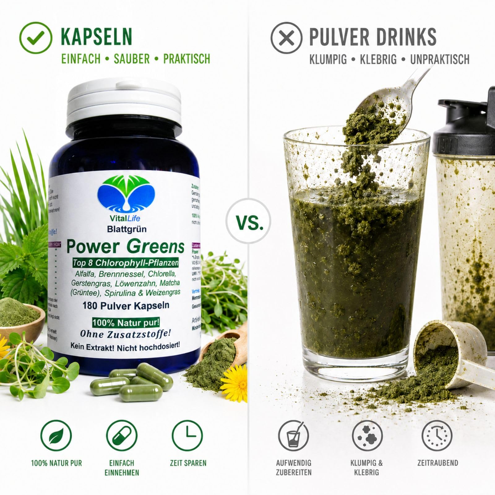 Green Power Greens Top8 Chlorophyll Supergreens 180 Pulver Kapseln mit Alfalfa Brennnessel Chlorella Gerstengras Löwenzahn Matcha Spirulina Weizengras. Natur pur. Ohne Zusatzstoffe. 26332-180